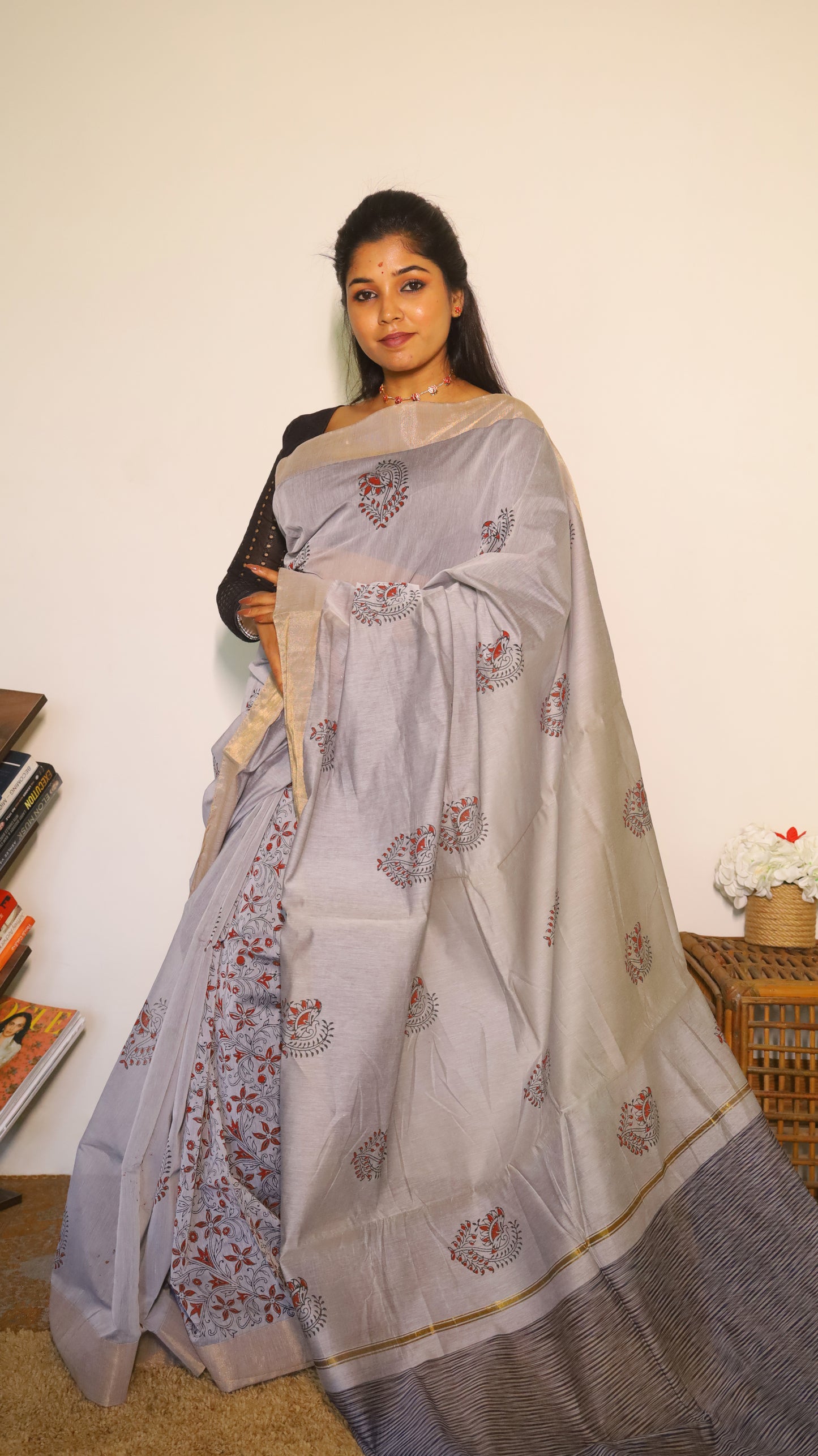 Breathable cotton block prints saree in white with rose gold zari border - BOOMIKA