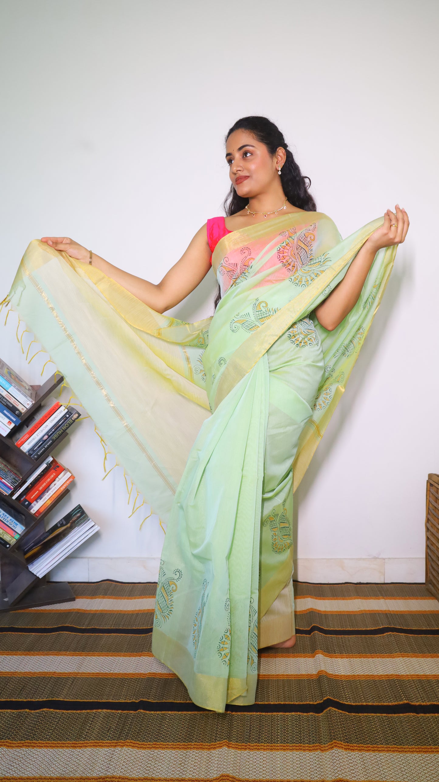 Elegant Mercerized Cotton Saree with intricate Block-Printed Border Motifs - BOOMIKA
