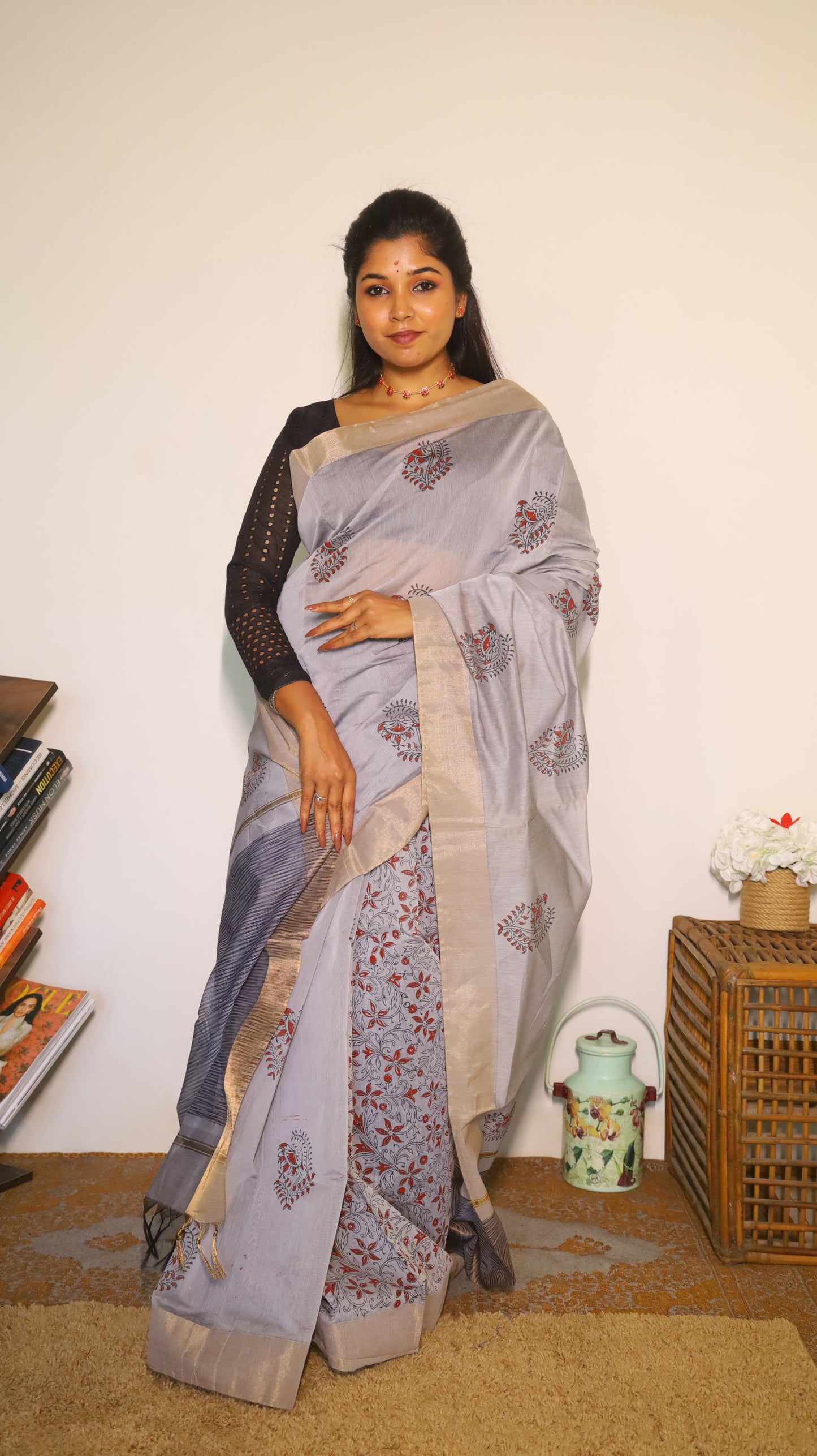 Breathable cotton block prints saree in white with rose gold zari border - BOOMIKA
