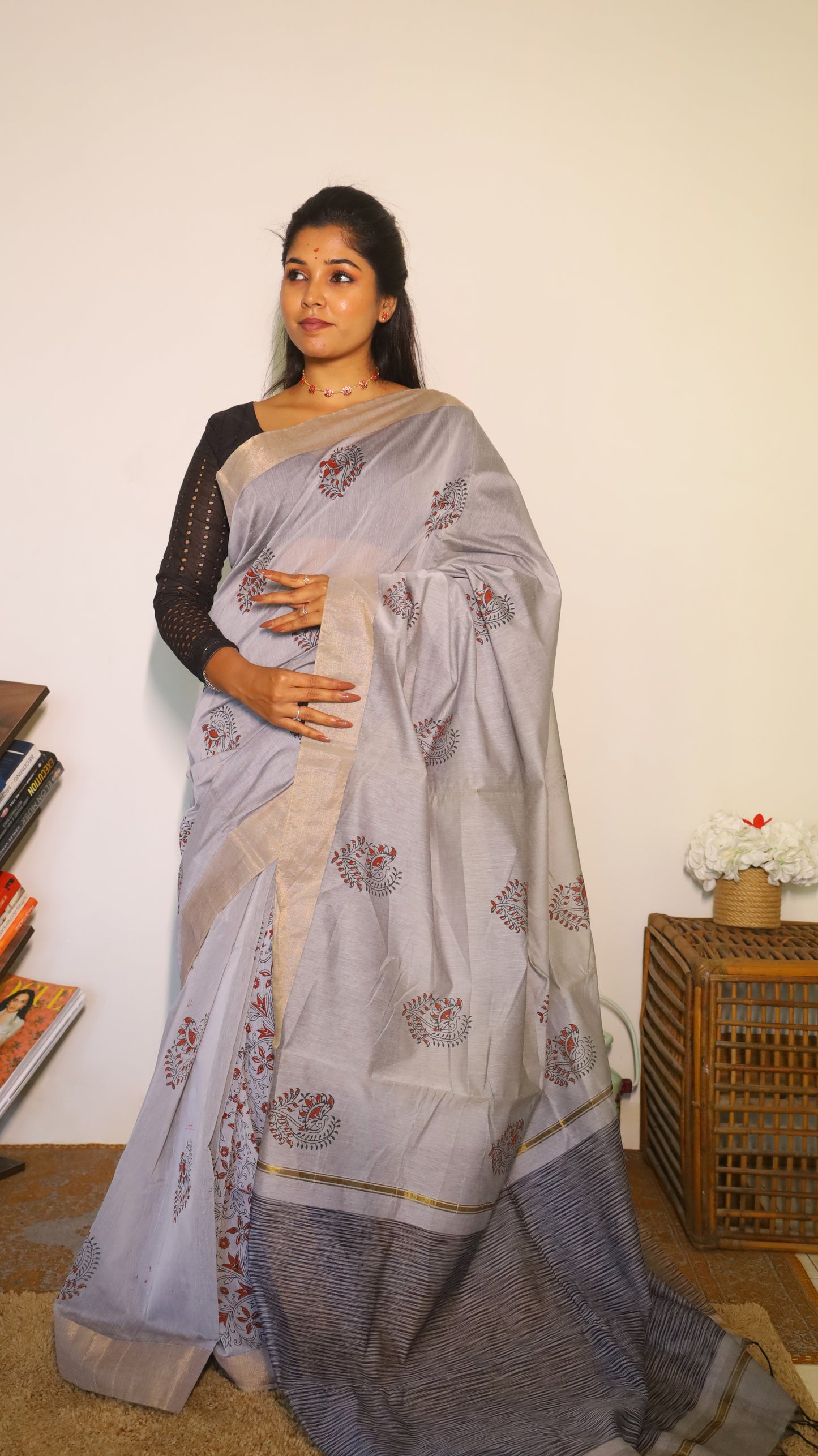 Breathable cotton block prints saree in white with rose gold zari border - BOOMIKA