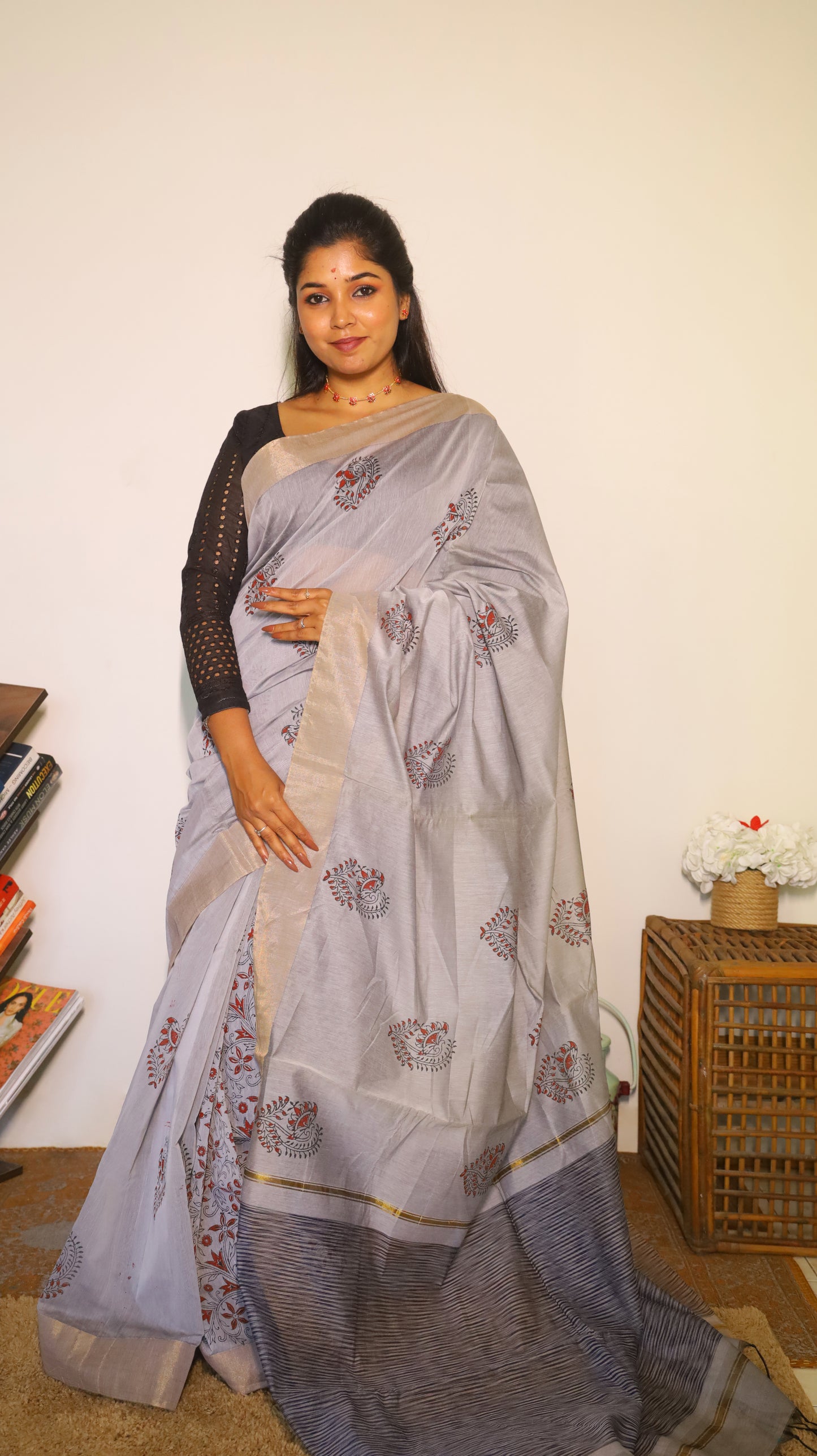 Breathable cotton block prints saree in white with rose gold zari border - BOOMIKA