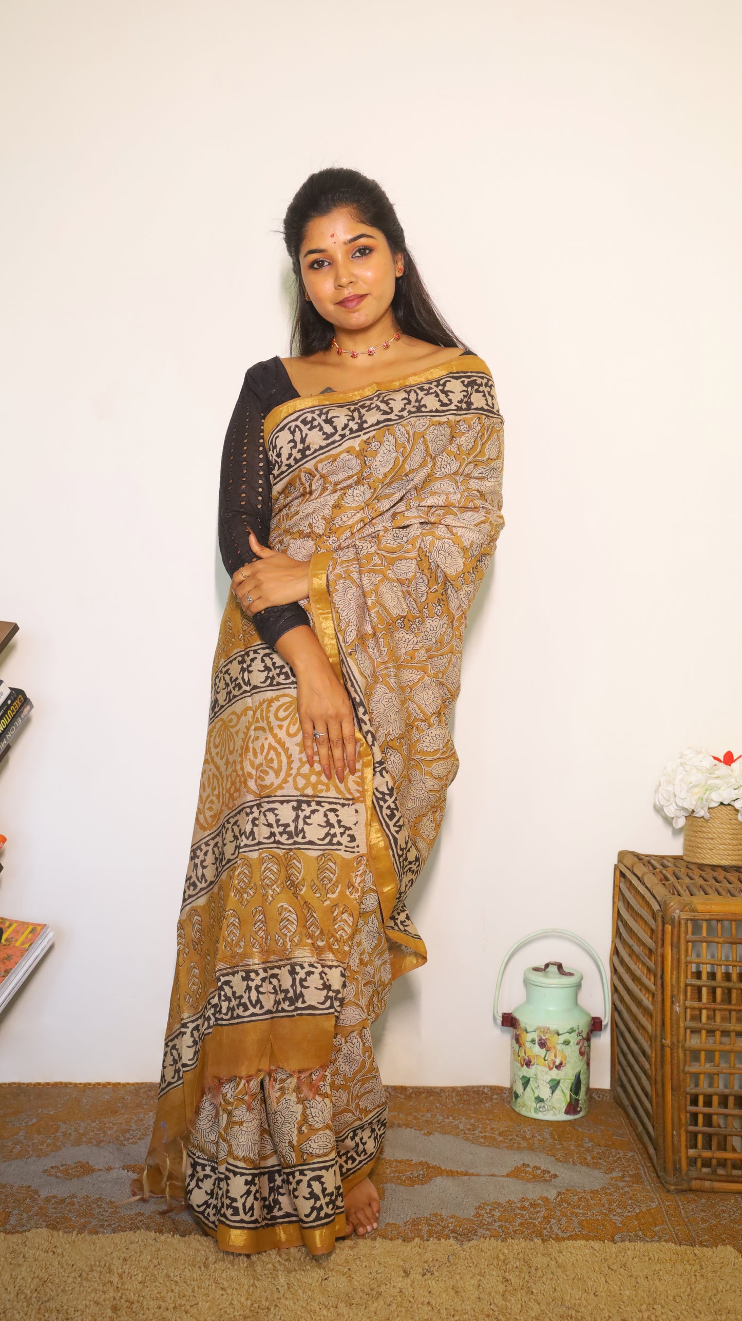 Artistic soft cotton kalamkari saree in mustard prints and handprinted pallu - BOOMIKA