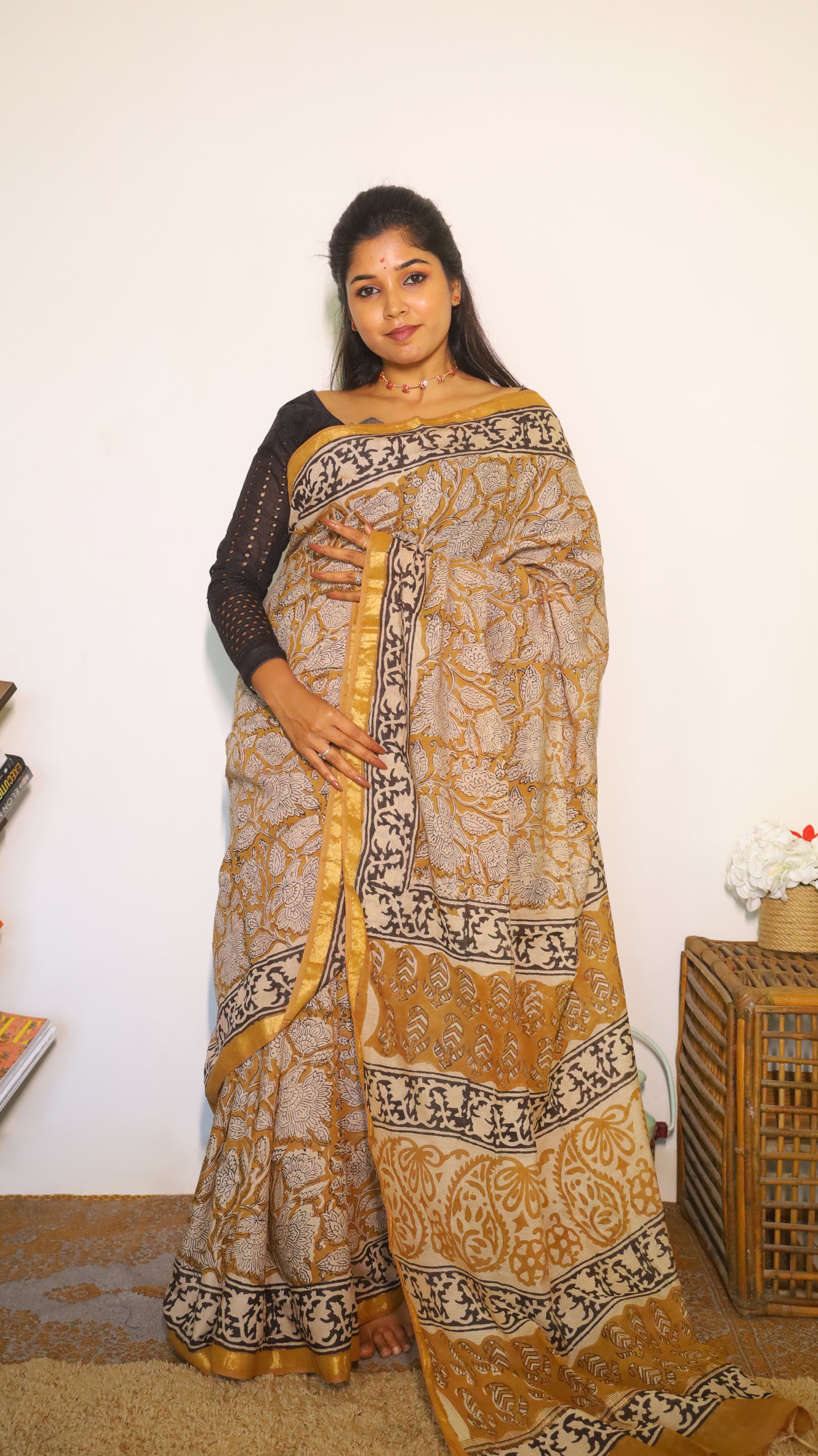 Artistic soft cotton kalamkari saree in mustard prints and handprinted pallu - BOOMIKA