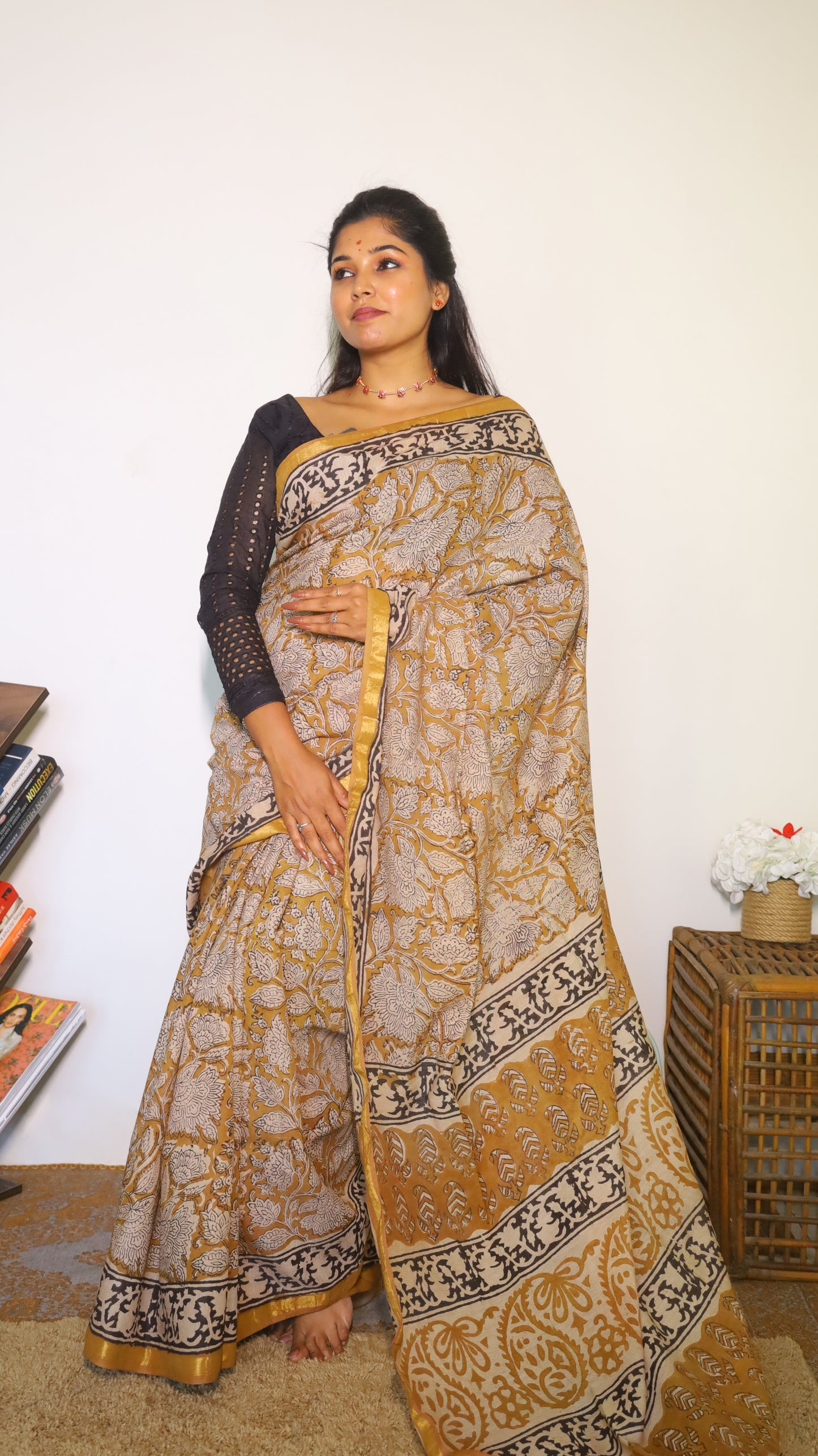 Artistic soft cotton kalamkari saree in mustard prints and handprinted pallu - BOOMIKA