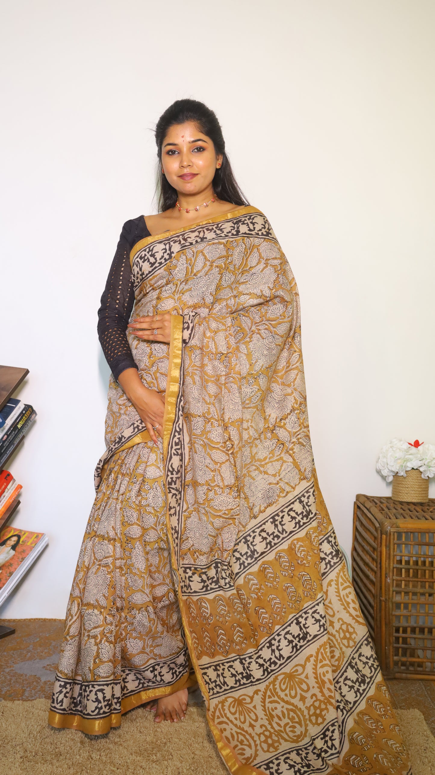 Artistic soft cotton kalamkari saree in mustard prints and handprinted pallu - BOOMIKA