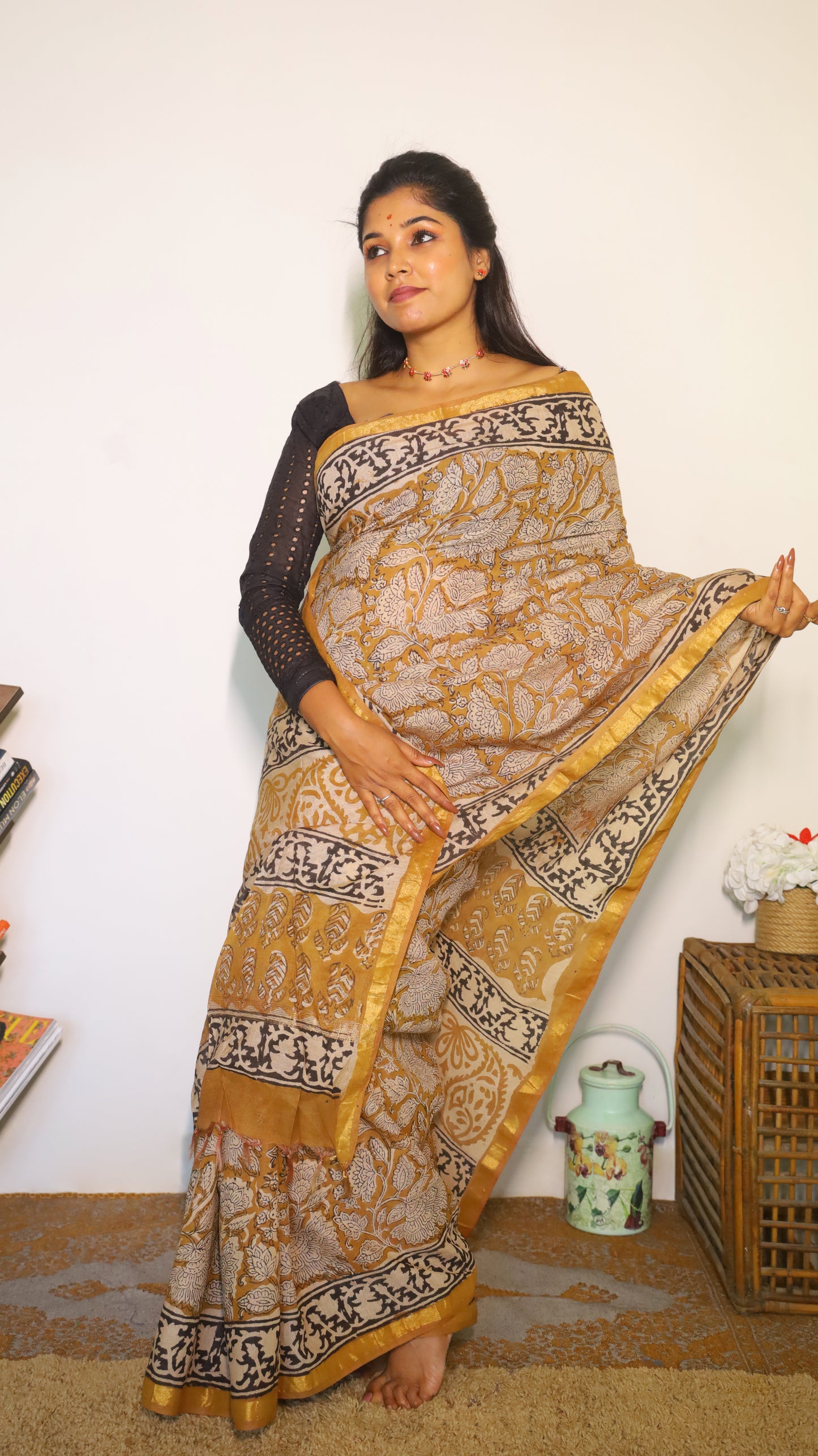 Artistic soft cotton kalamkari saree in mustard prints and handprinted pallu - BOOMIKA