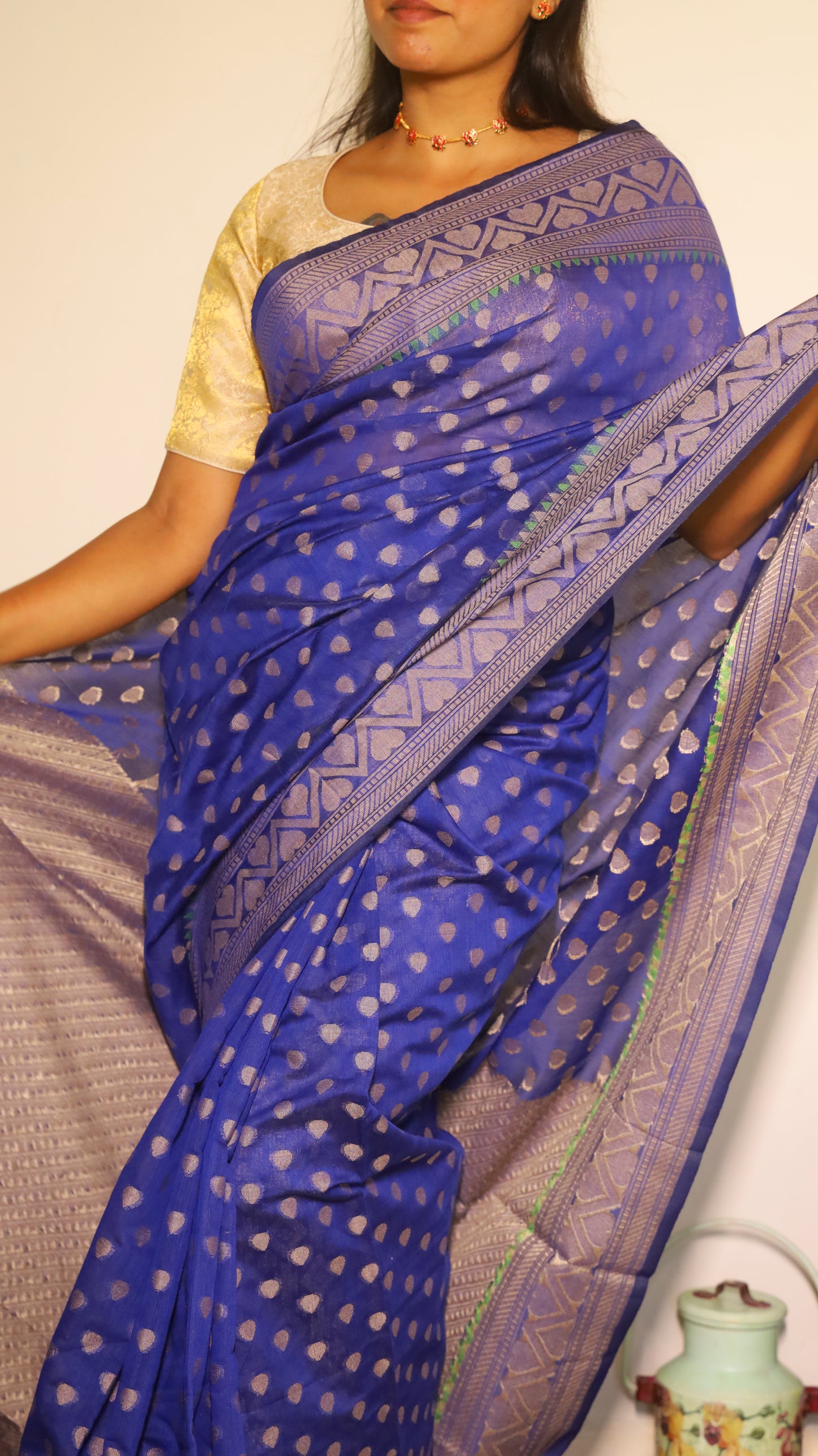 Luxurious royal blue Jute Cotton saree featuring intricate geometric motifs - BOOMIKA