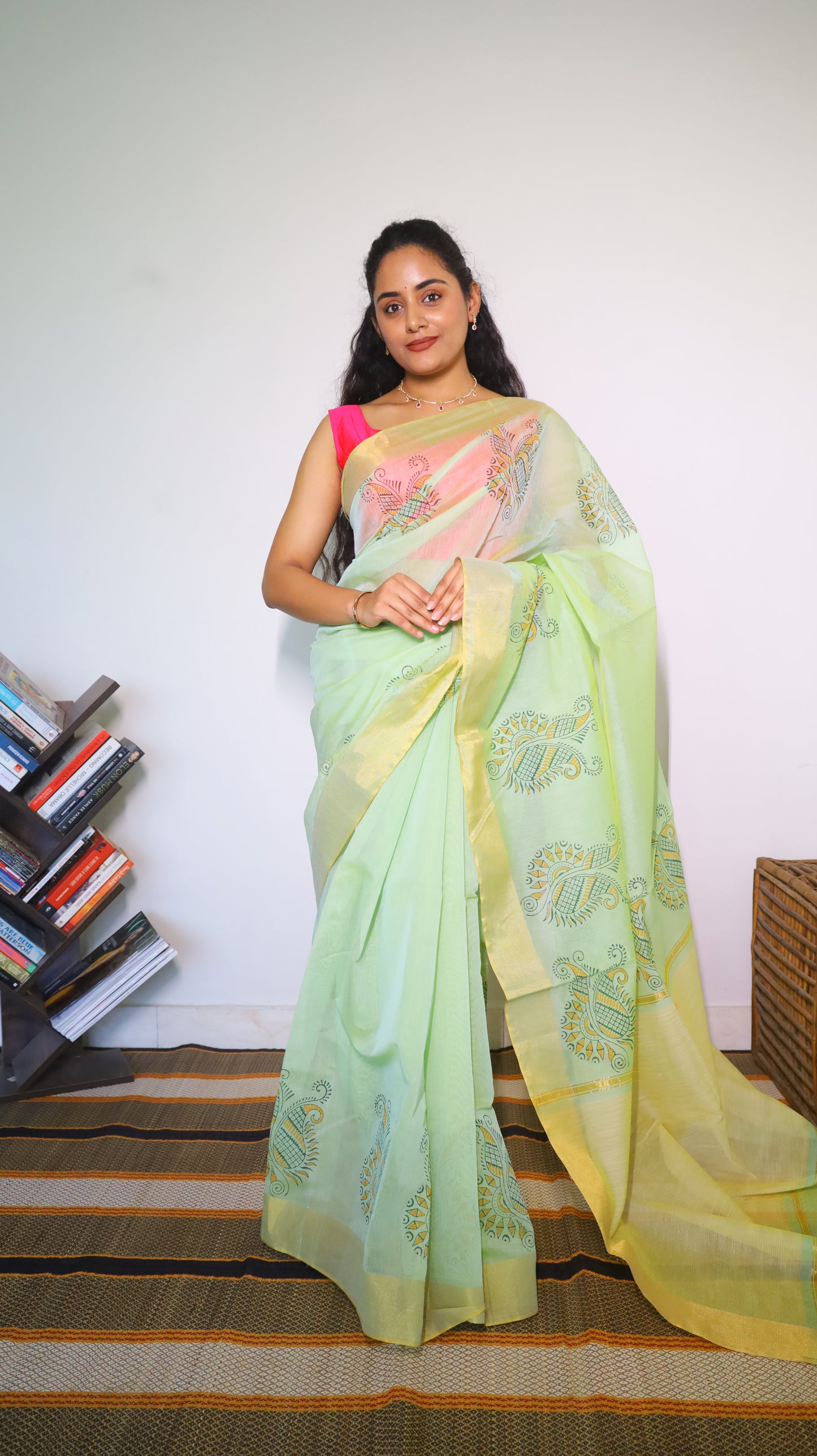 Elegant Mercerized Cotton Saree with intricate Block-Printed Border Motifs - BOOMIKA