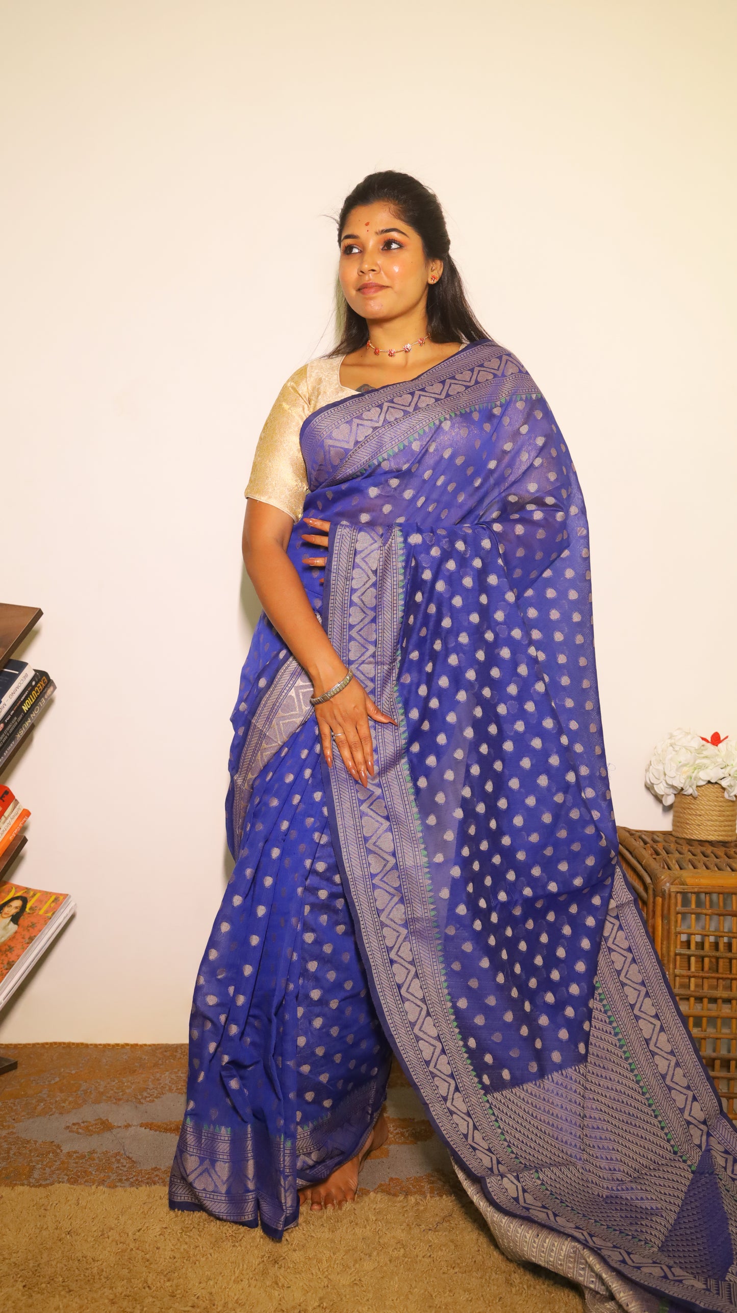 Luxurious royal blue Jute Cotton saree featuring intricate geometric motifs - BOOMIKA