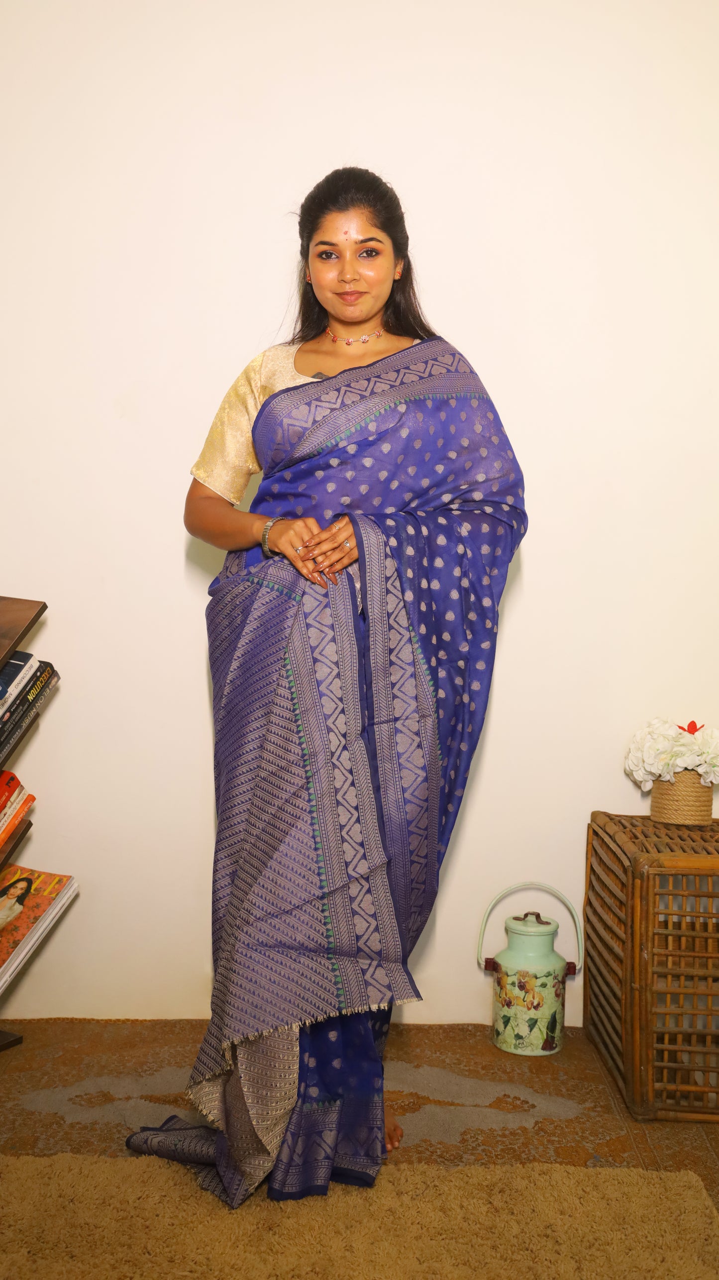 Luxurious royal blue Jute Cotton saree featuring intricate geometric motifs - BOOMIKA