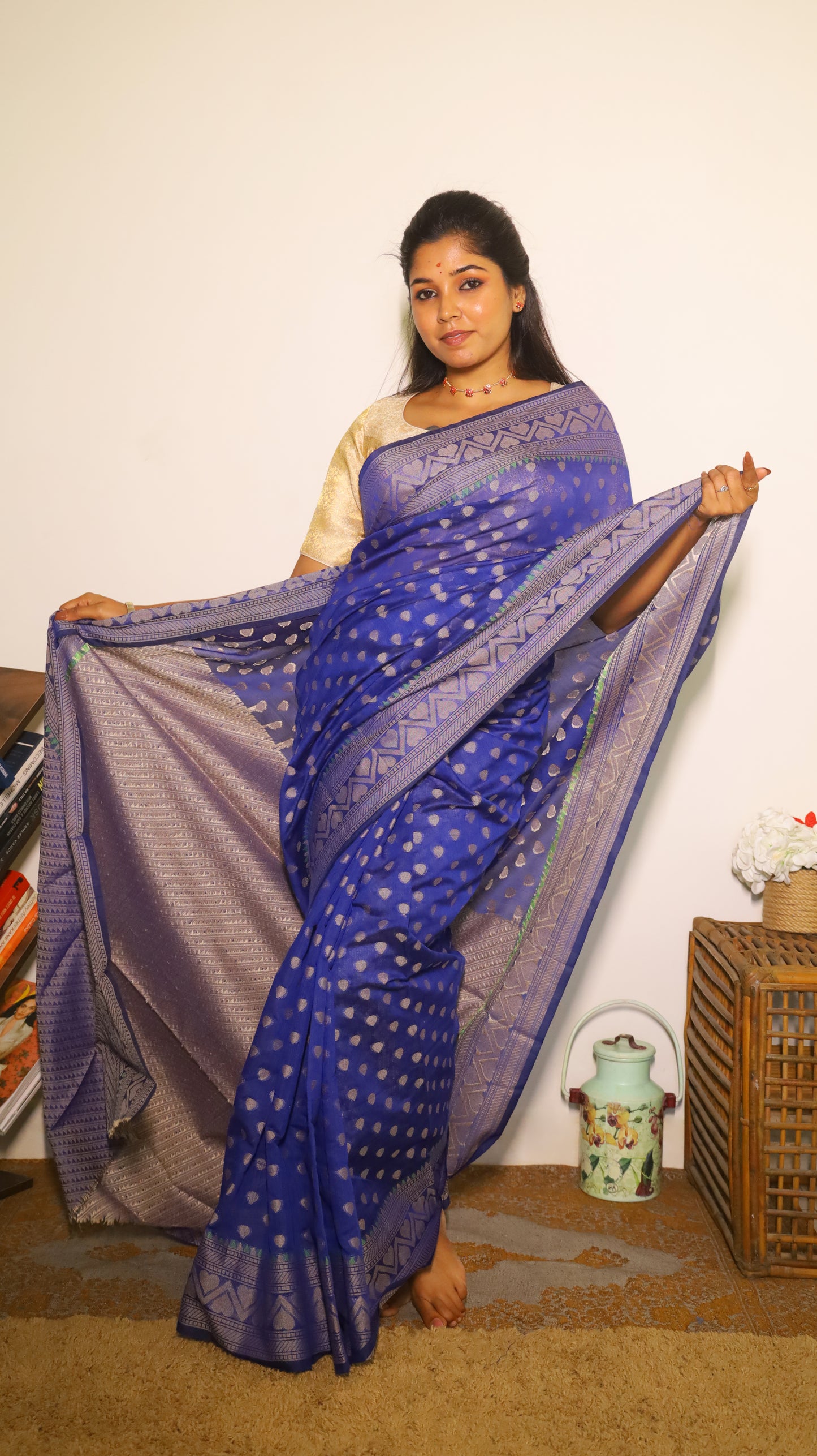 Luxurious royal blue Jute Cotton saree featuring intricate geometric motifs - BOOMIKA