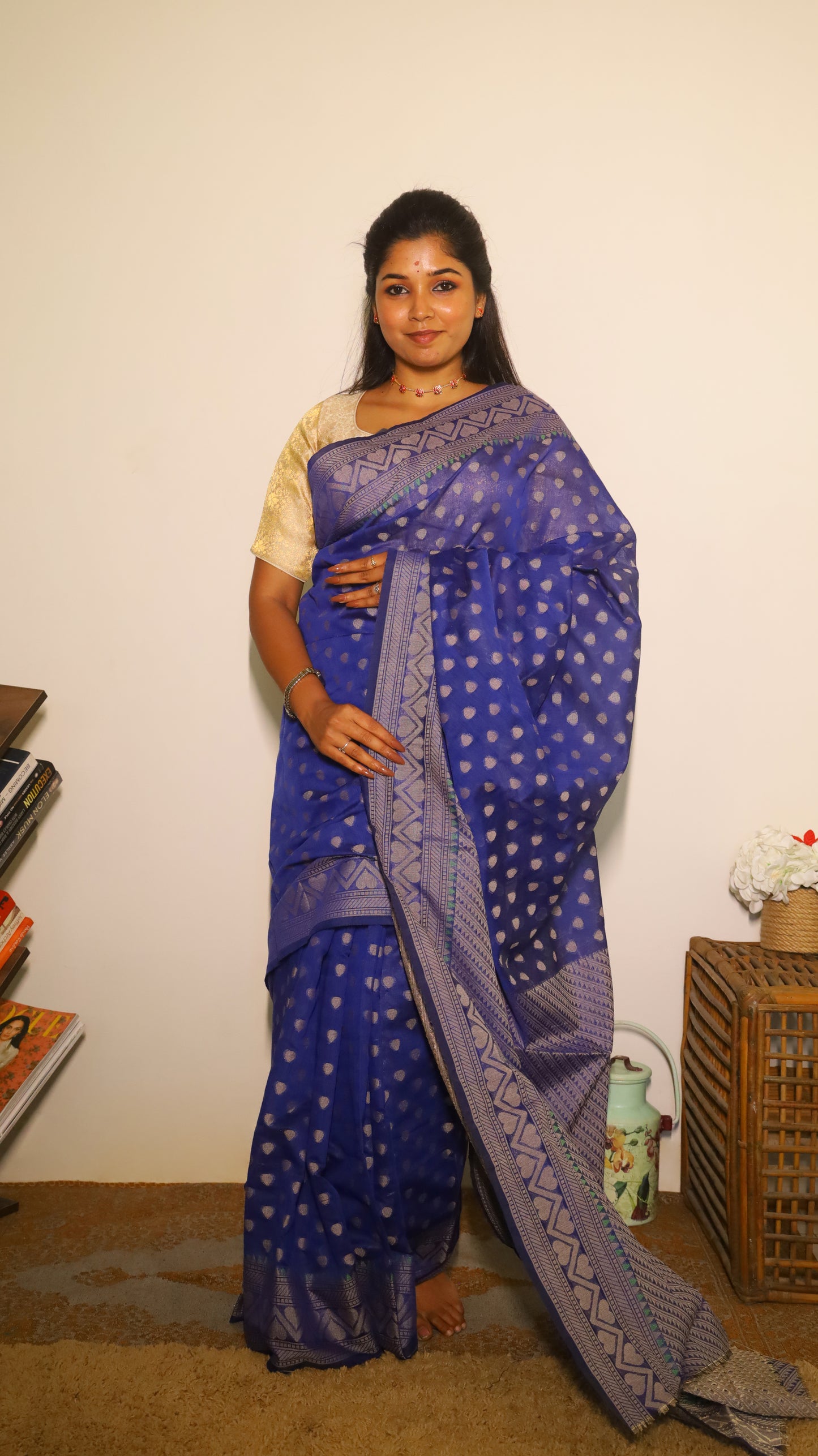Luxurious royal blue Jute Cotton saree featuring intricate geometric motifs - BOOMIKA