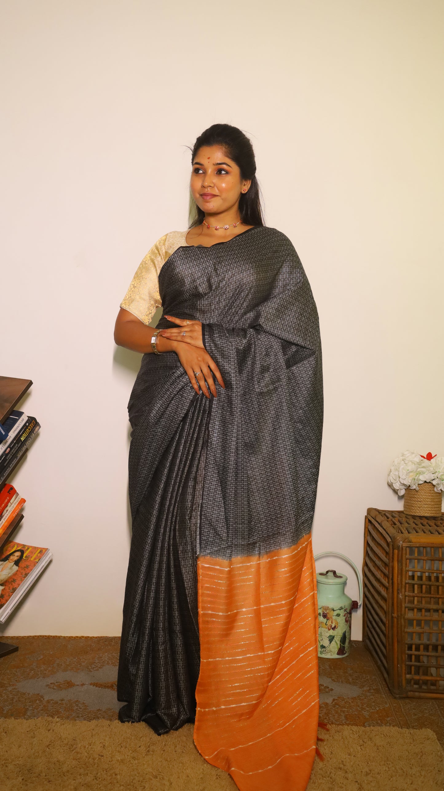 Elegant Black Semi Tussar Silk Saree with silver stripes and orange pallu - PREETHIKA