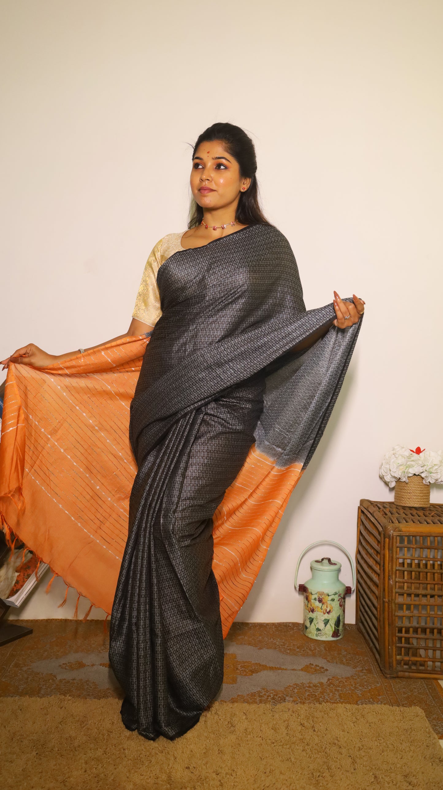 Elegant Black Semi Tussar Silk Saree with silver stripes and orange pallu - PREETHIKA
