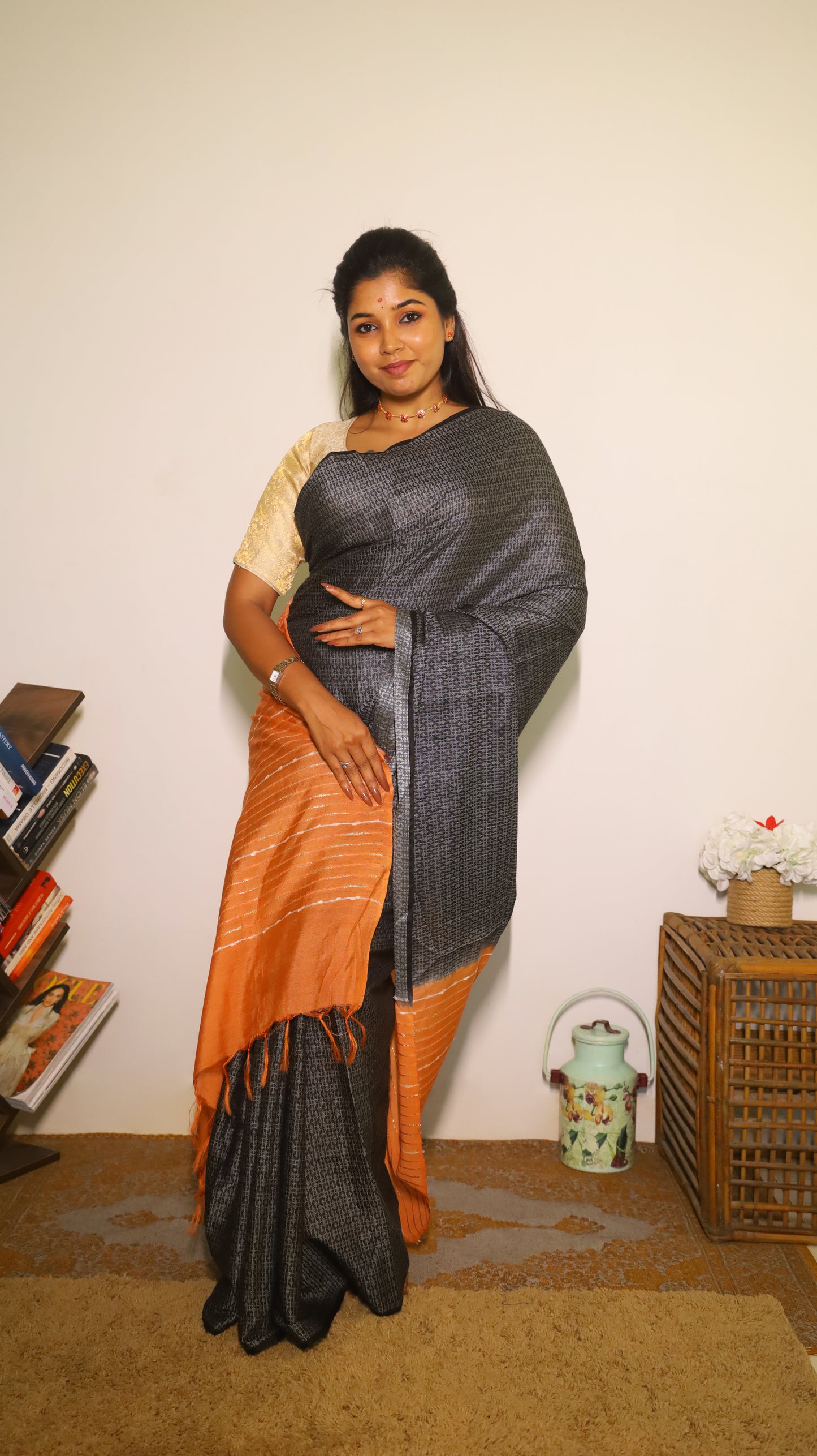 Elegant Black Semi Tussar Silk Saree with silver stripes and orange pallu - PREETHIKA
