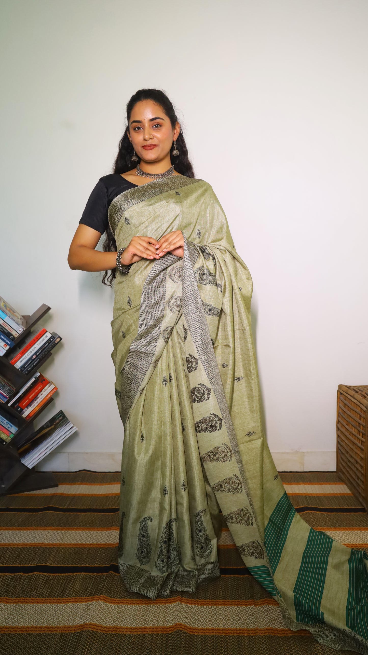 Graceful sage green embroidery saree with paisely motifs - SHRUTHIKA