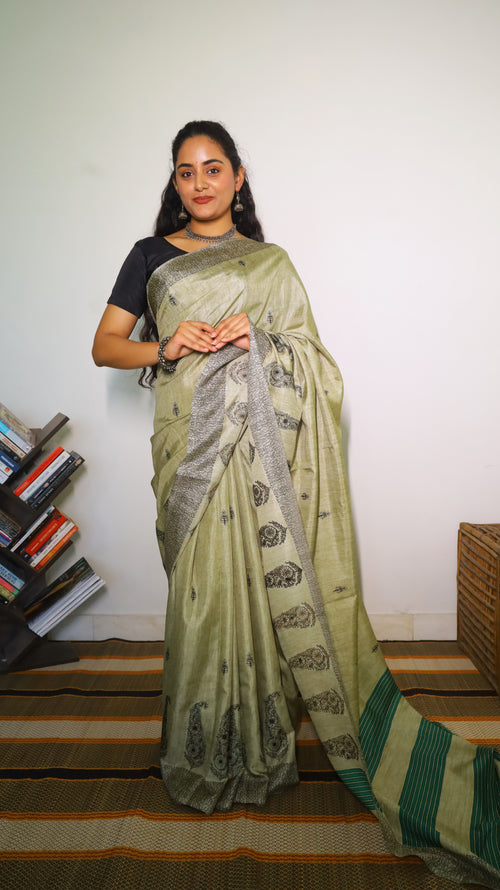 Graceful sage green embroidery saree with paisely motifs - SHRUTHIKA