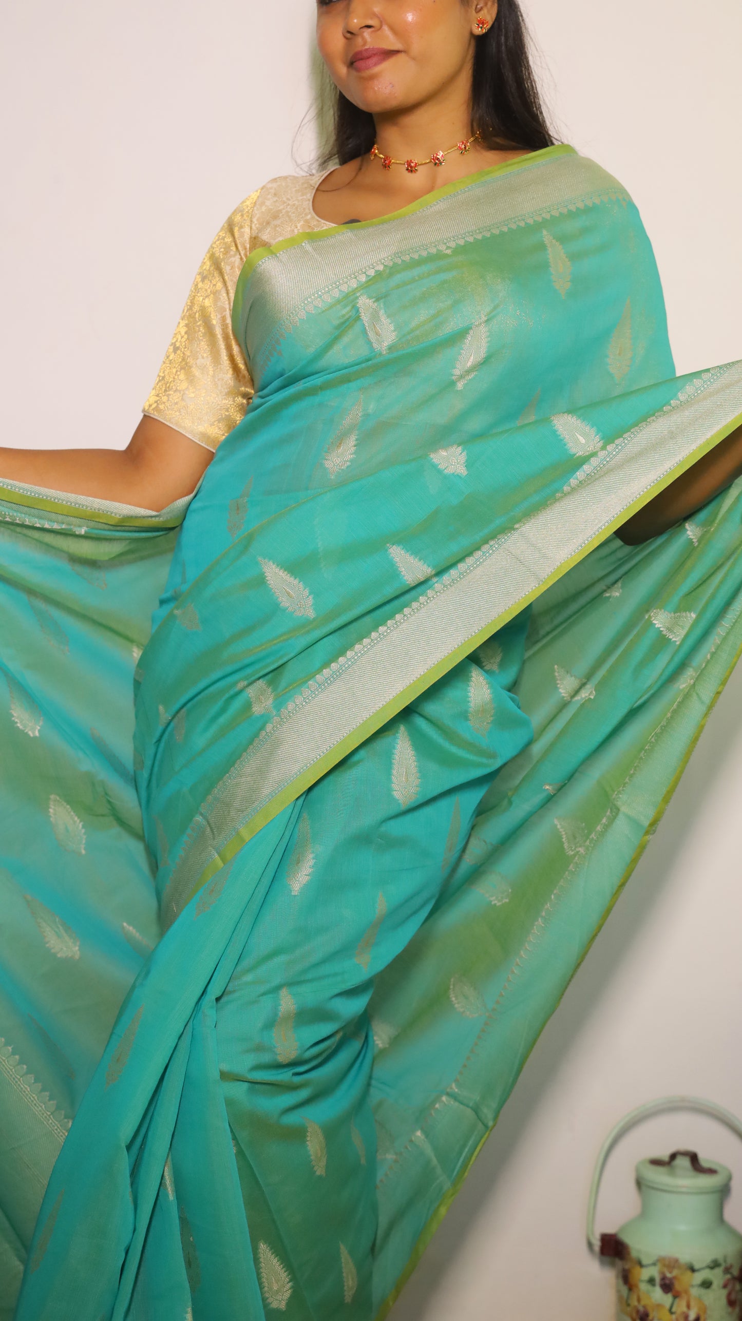 Graceful sea-green Manipuri cotton saree with silver paisley butta - BOOMIKA