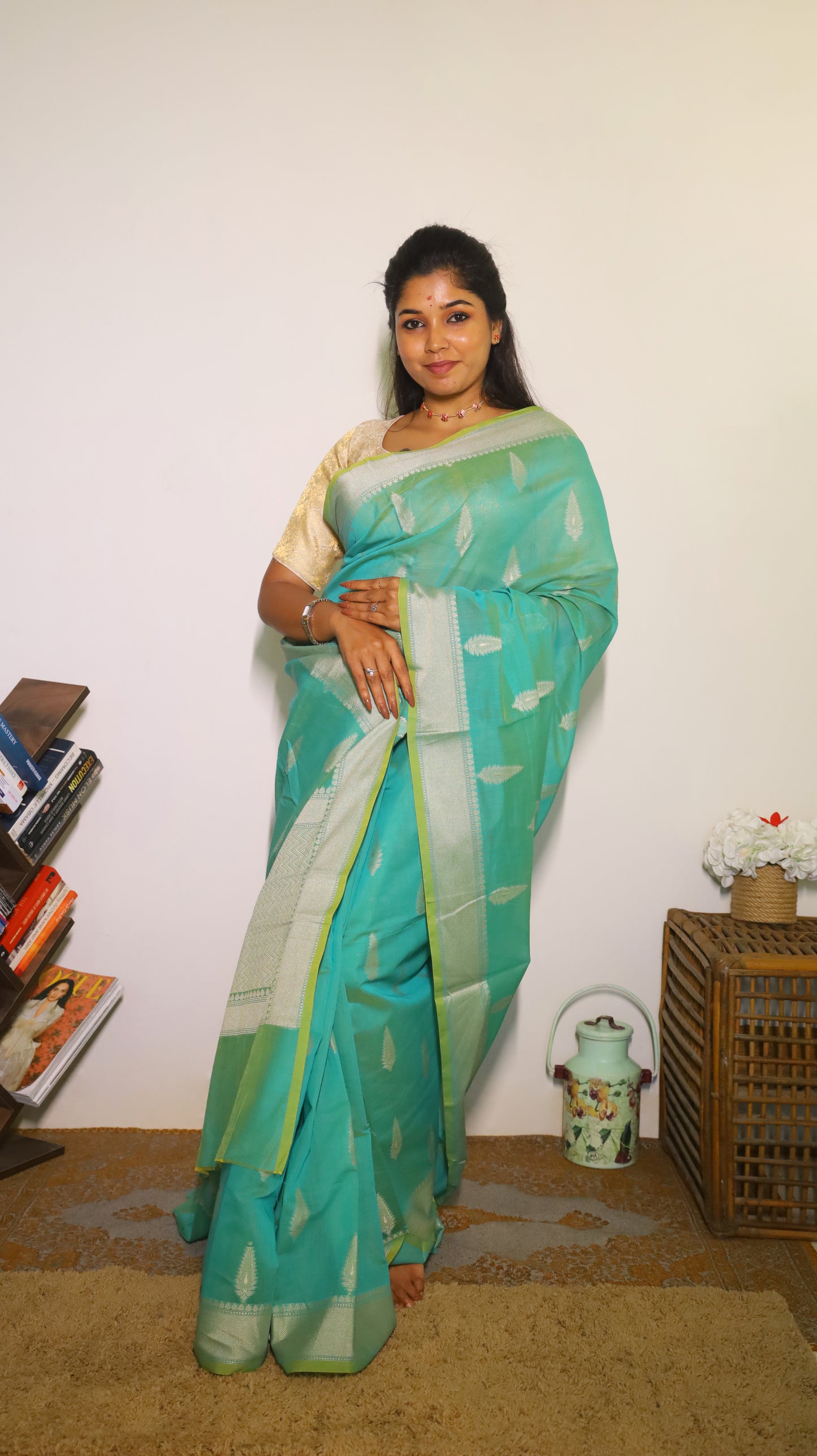 Graceful sea-green Manipuri cotton saree with silver paisley butta - BOOMIKA