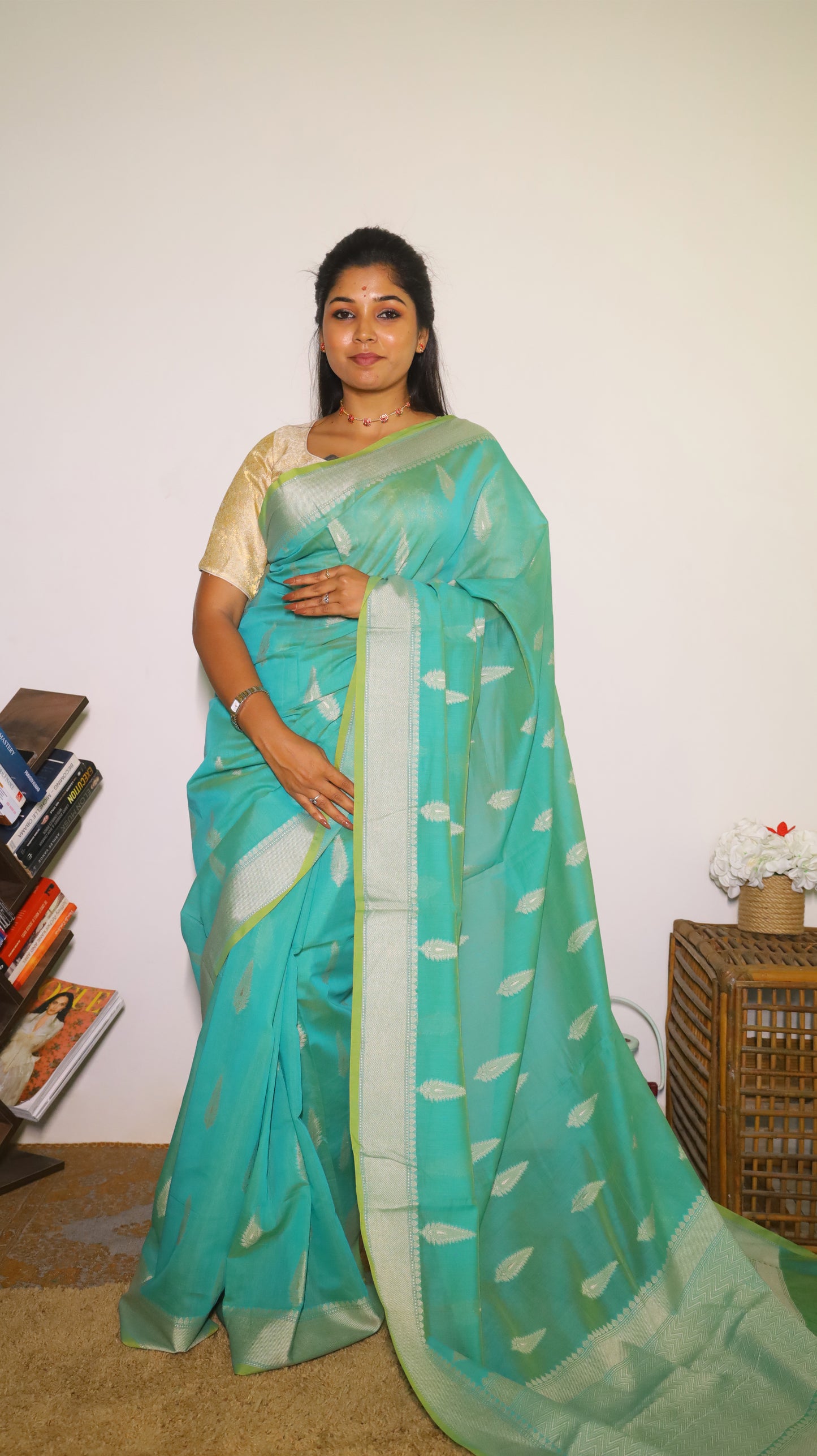 Graceful sea-green Manipuri cotton saree with silver paisley butta - BOOMIKA