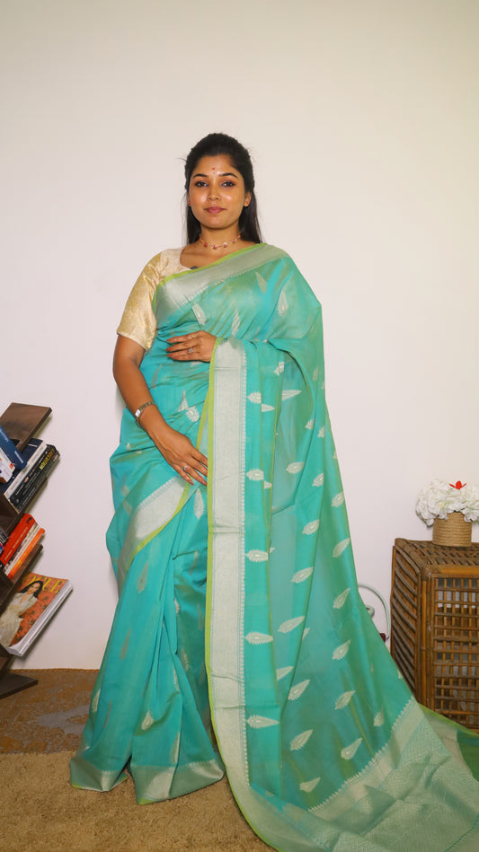 Graceful sea-green Manipuri cotton saree with silver paisley butta - BOOMIKA