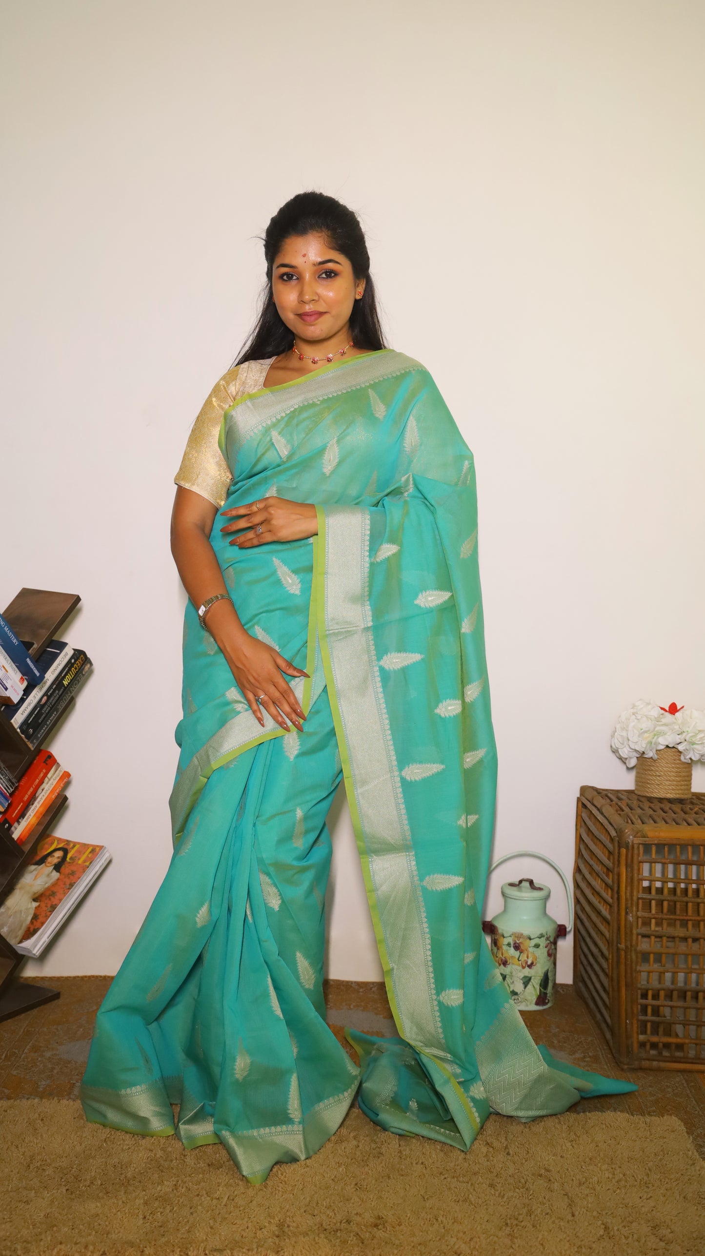 Graceful sea-green Manipuri cotton saree with silver paisley butta - BOOMIKA