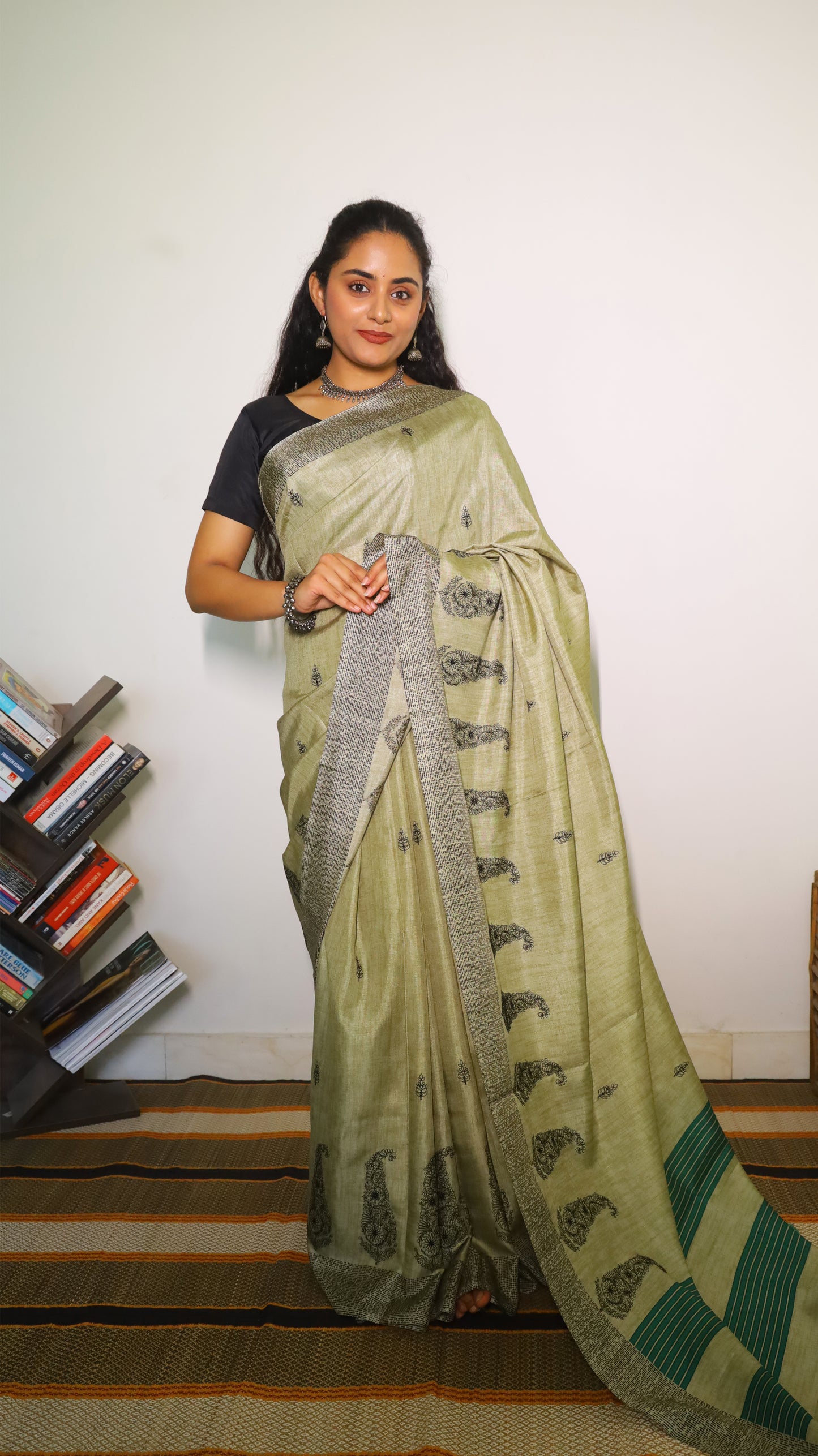 Graceful sage green embroidery saree with paisely motifs - SHRUTHIKA