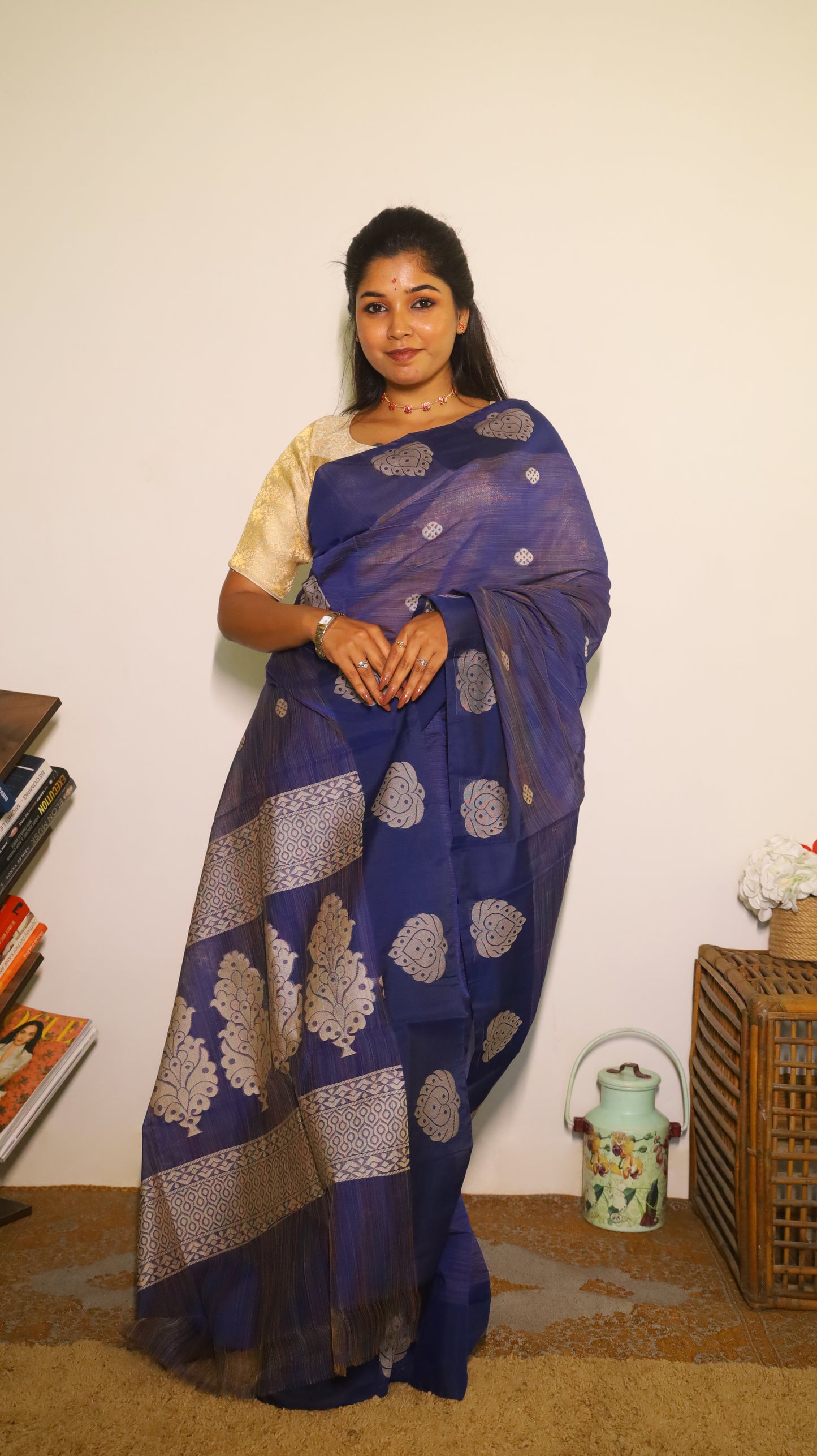 Timeless rich navy blue saree adorned with bold silver floral motifs - BOOMIKA