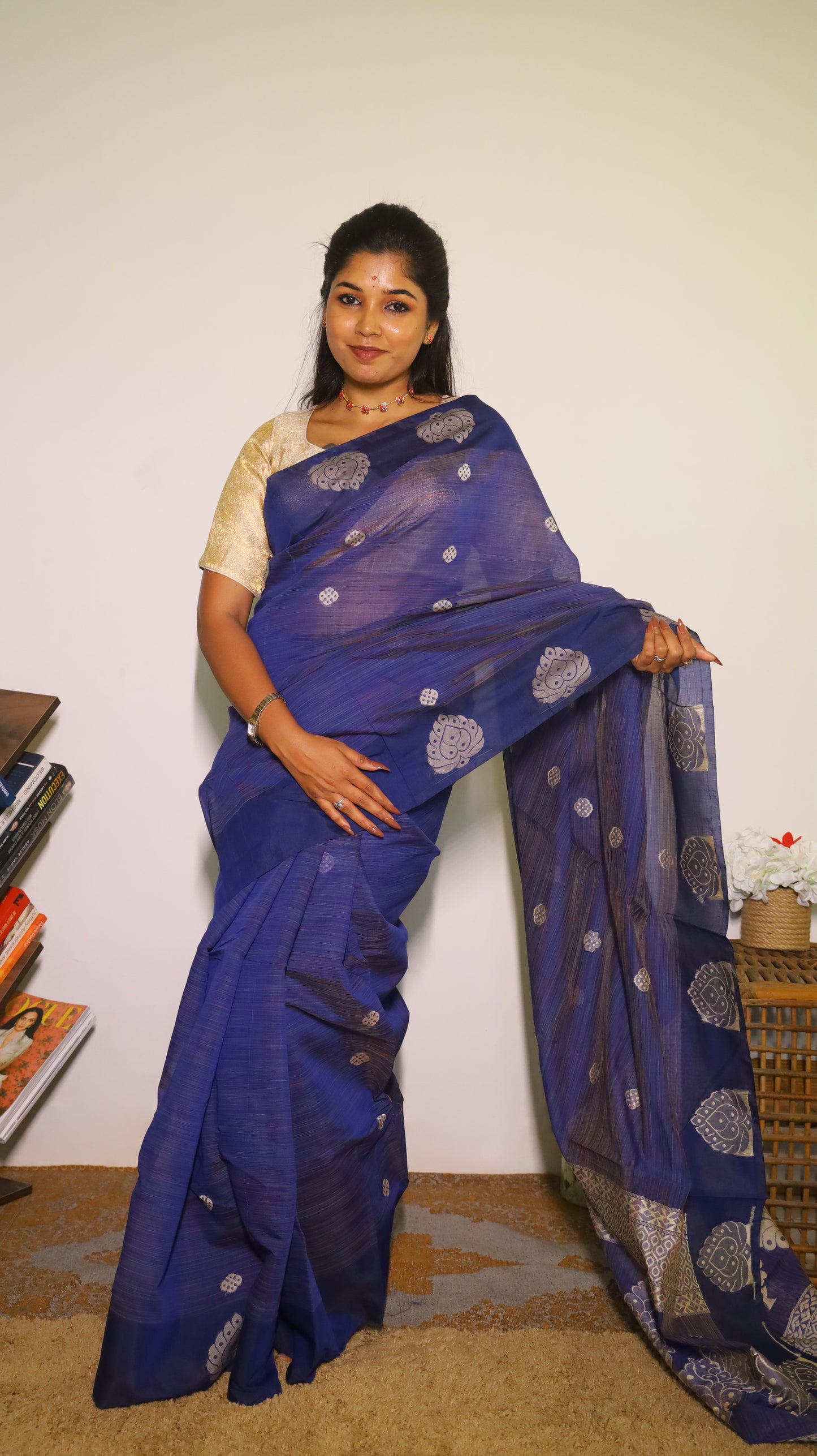 Timeless rich navy blue saree adorned with bold silver floral motifs - BOOMIKA