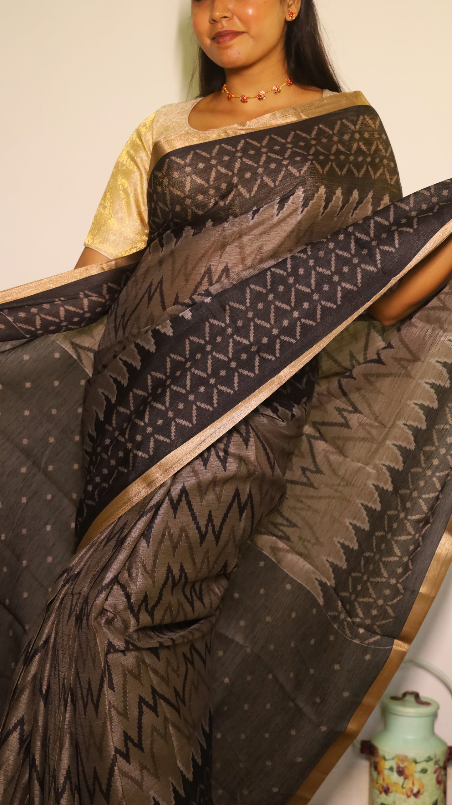 Elegant semi silk cotton saree in striking black with ikkat design - VEDHIKA
