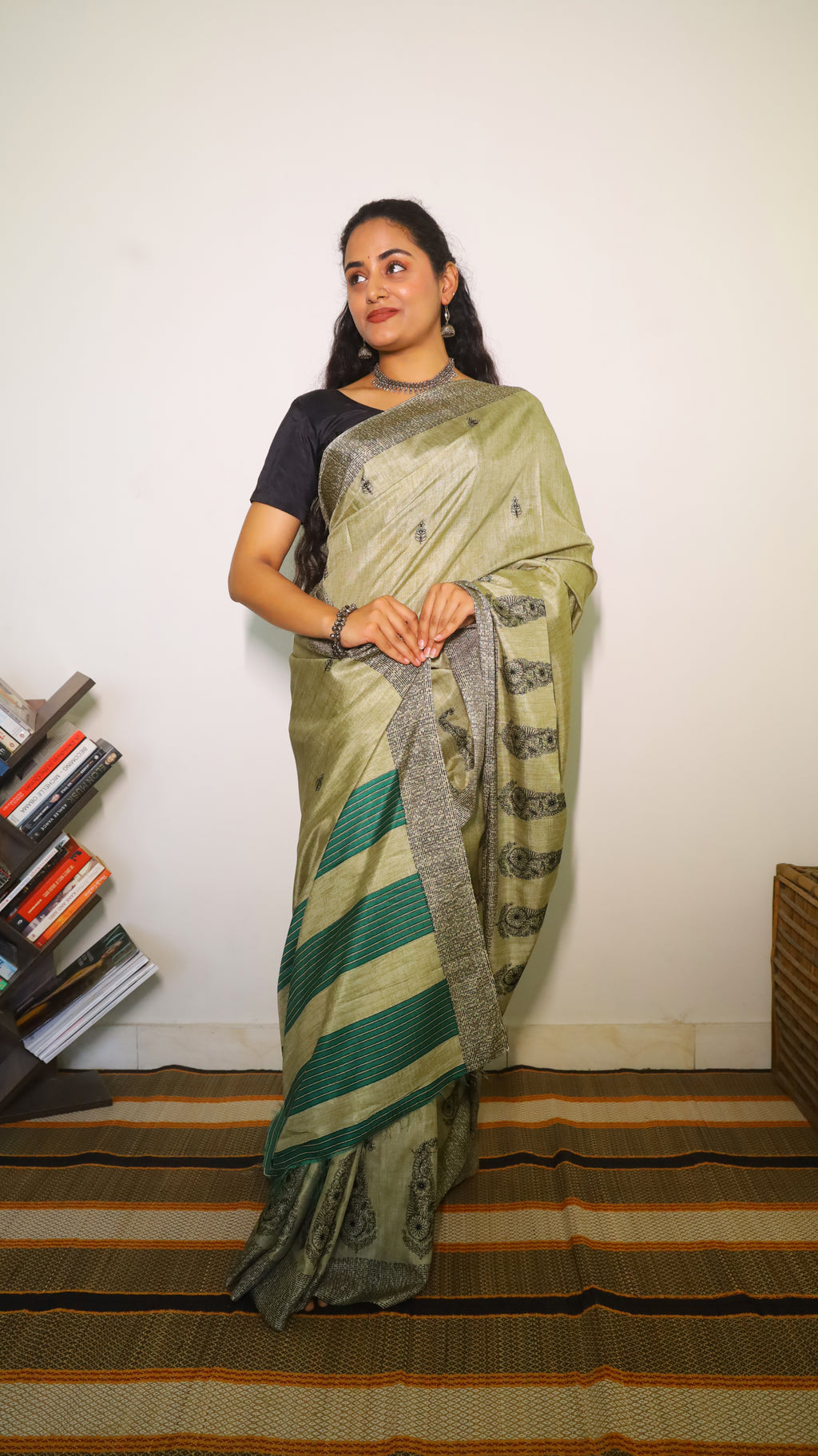 Semi Tussar Silk with Hand Embroidery in Dirty Cream with Black Paisley Motifs and Green Striped Pallu – KRITHIKA (40012015)