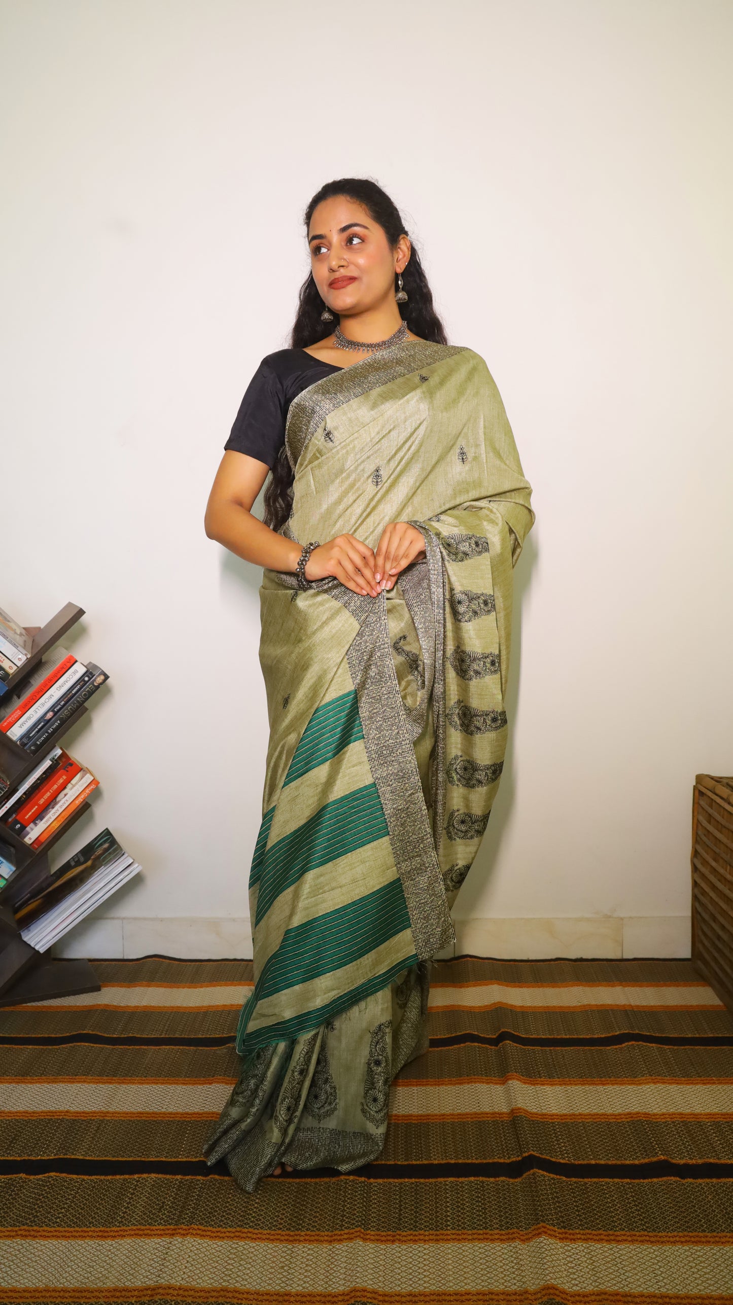 Graceful sage green embroidery saree with paisely motifs - SHRUTHIKA