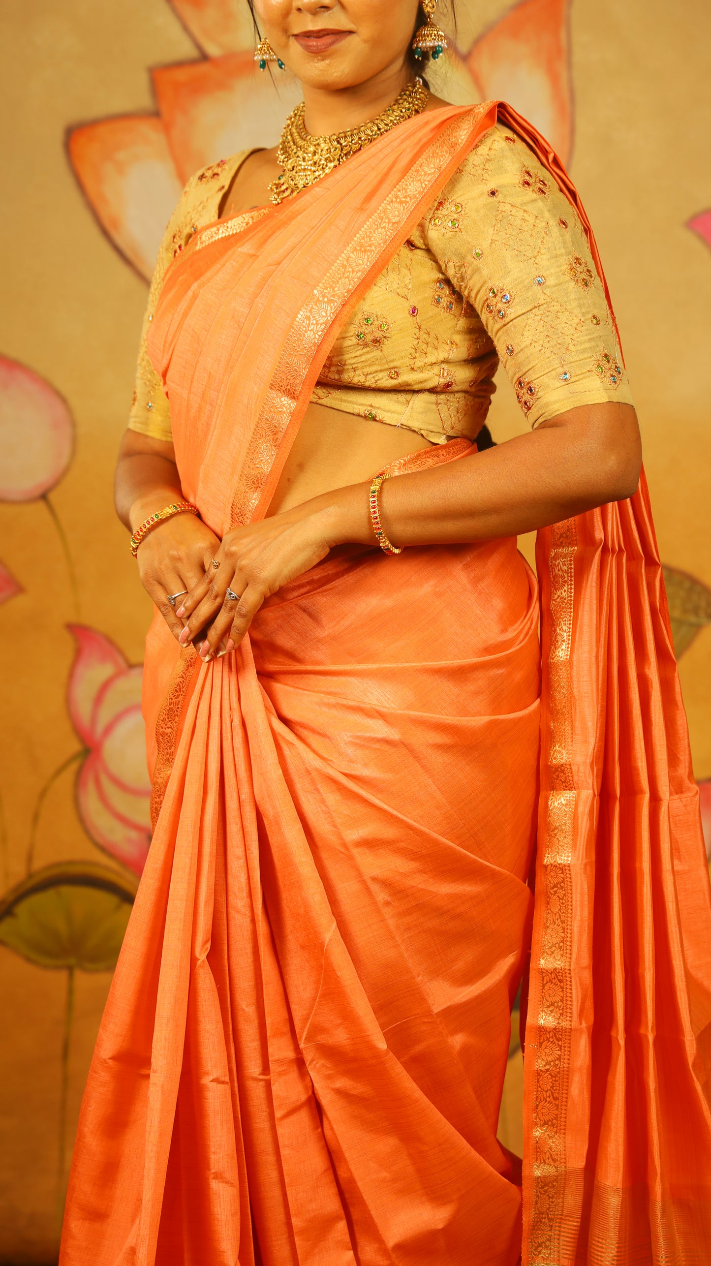 Luxury pale orange Semi Soft Silk Saree with rich gold zari woven border - AVANTHIKA