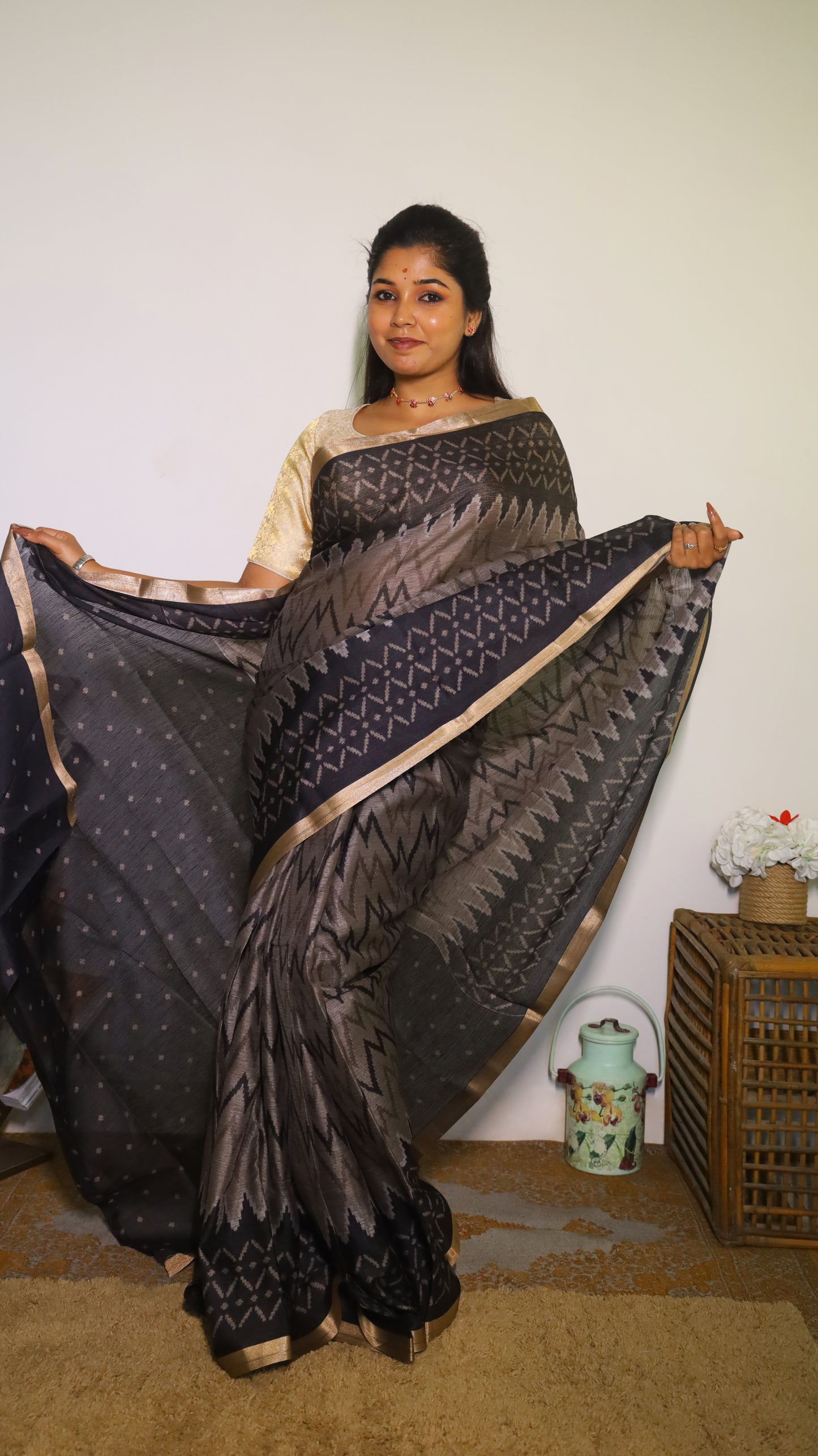 Elegant semi silk cotton saree in striking black with ikkat design - VEDHIKA