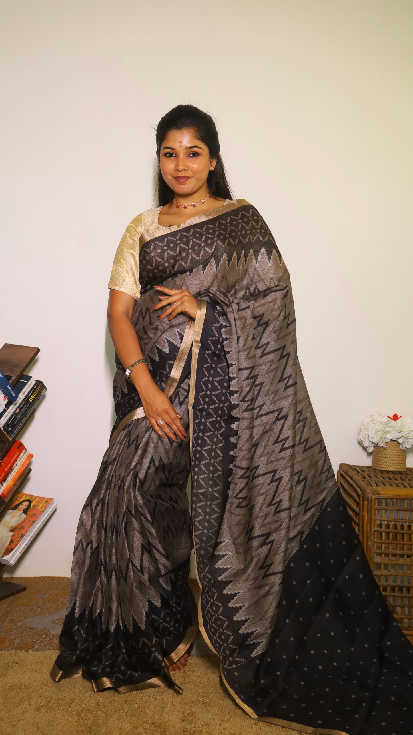 Elegant semi silk cotton saree in striking black with ikkat design - VEDHIKA