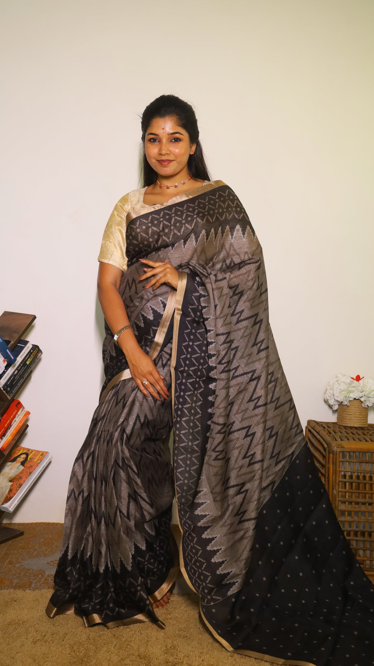 Elegant semi silk cotton saree in striking black with ikkat design - KRITHIKA (40007002)