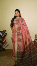 Silk cotton in muted pink with bold green and yellow manga paisley and mangai zari border with double shot red and green pallu - KRITHIKA (40011009)