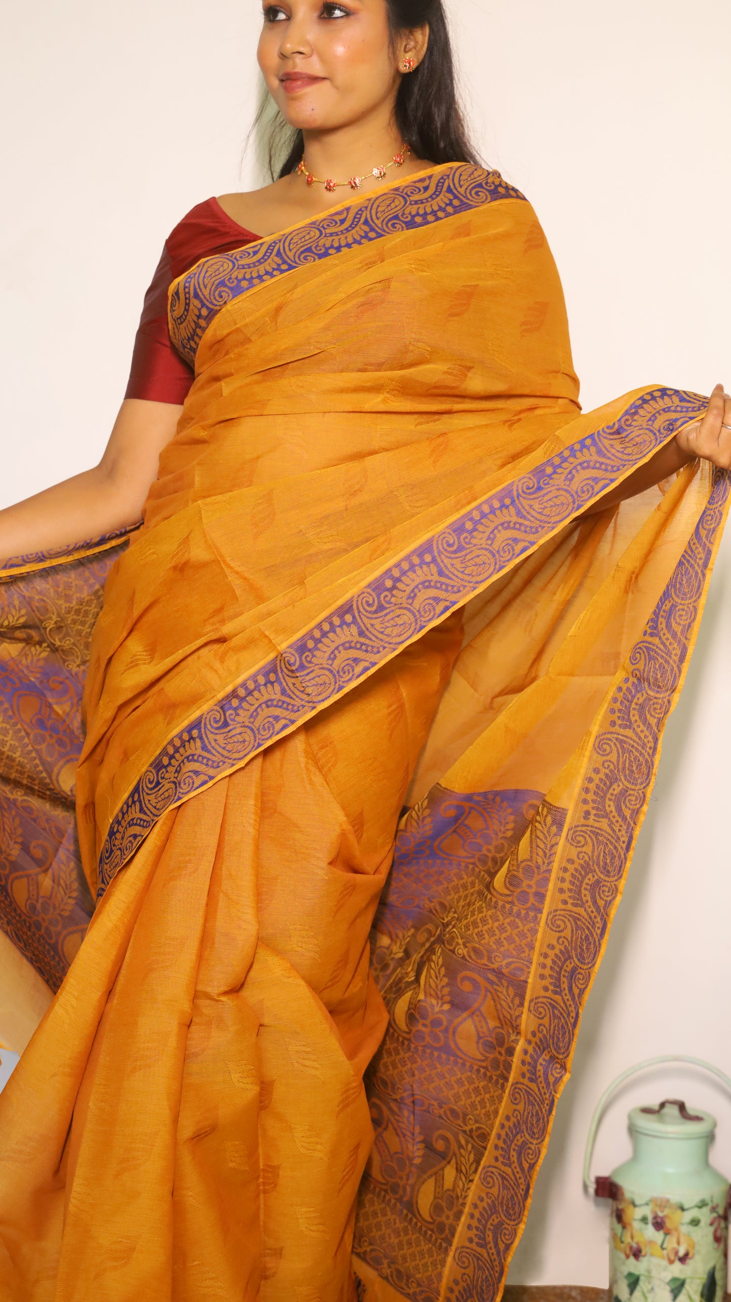 Breathable mercerized cotton saree in warm mustard body with contrasting purple border - BOOMIKA