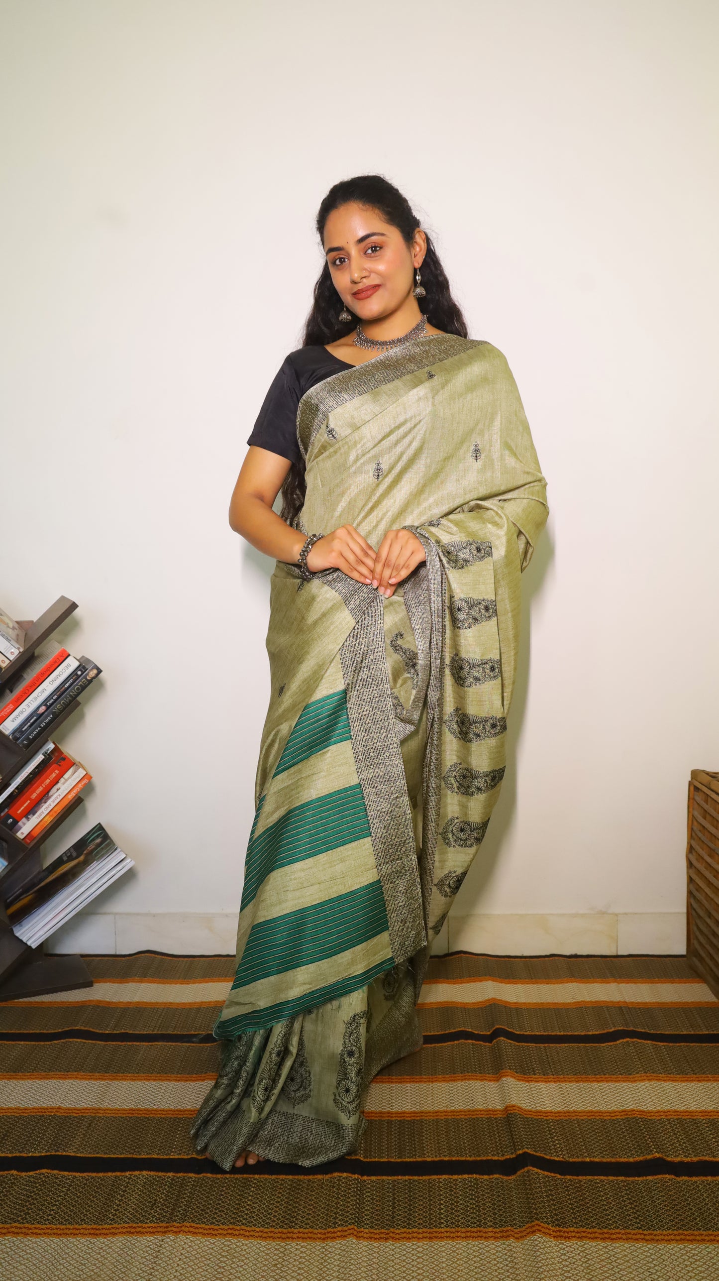 Graceful sage green embroidery saree with paisely motifs - SHRUTHIKA
