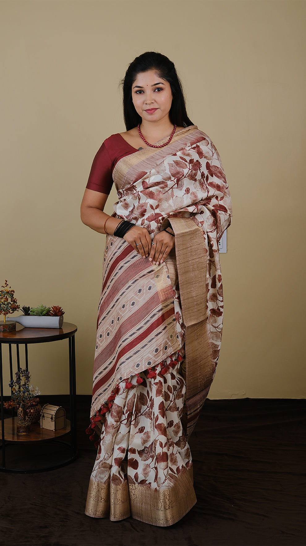 Digital saree in off white and brown with leaf motifs and light gold zari border - KRITHIKA (40012007)