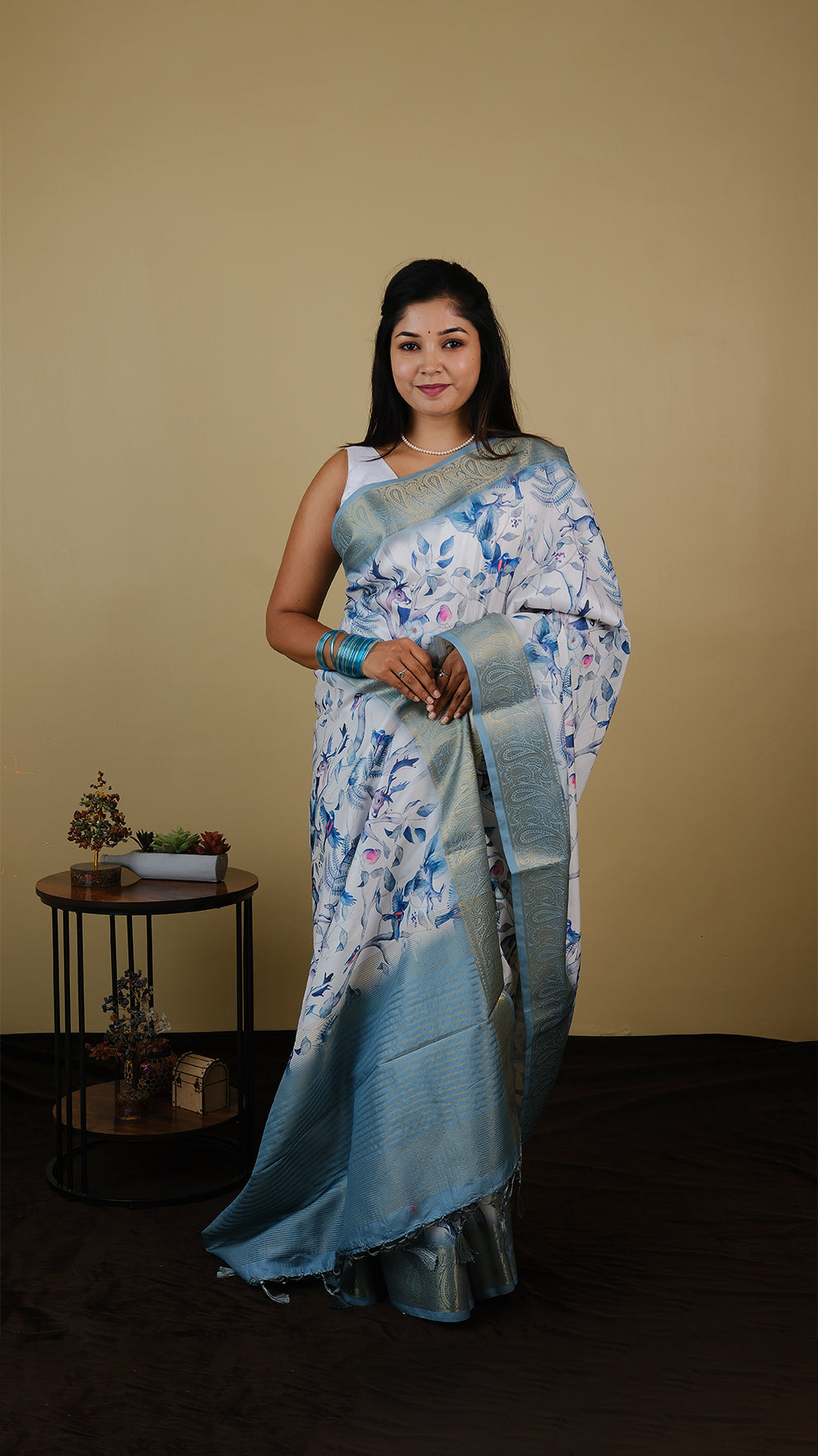 Digial print off white saree with all over bird print and teal green zari border - AVANTHIKA (20012008)