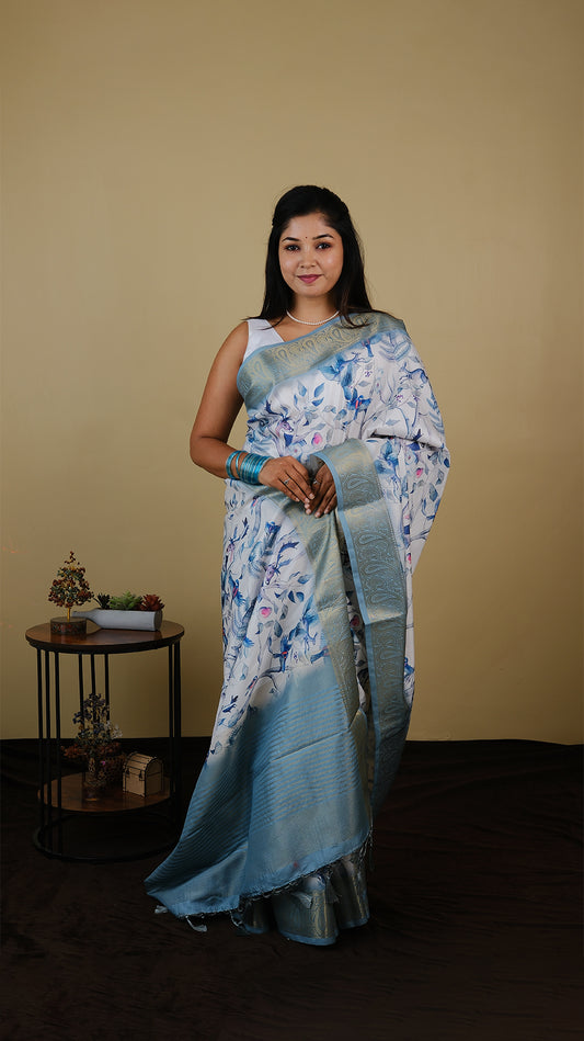 Digial print off white saree with all over bird print and teal green zari border - AVANTHIKA (20012008)