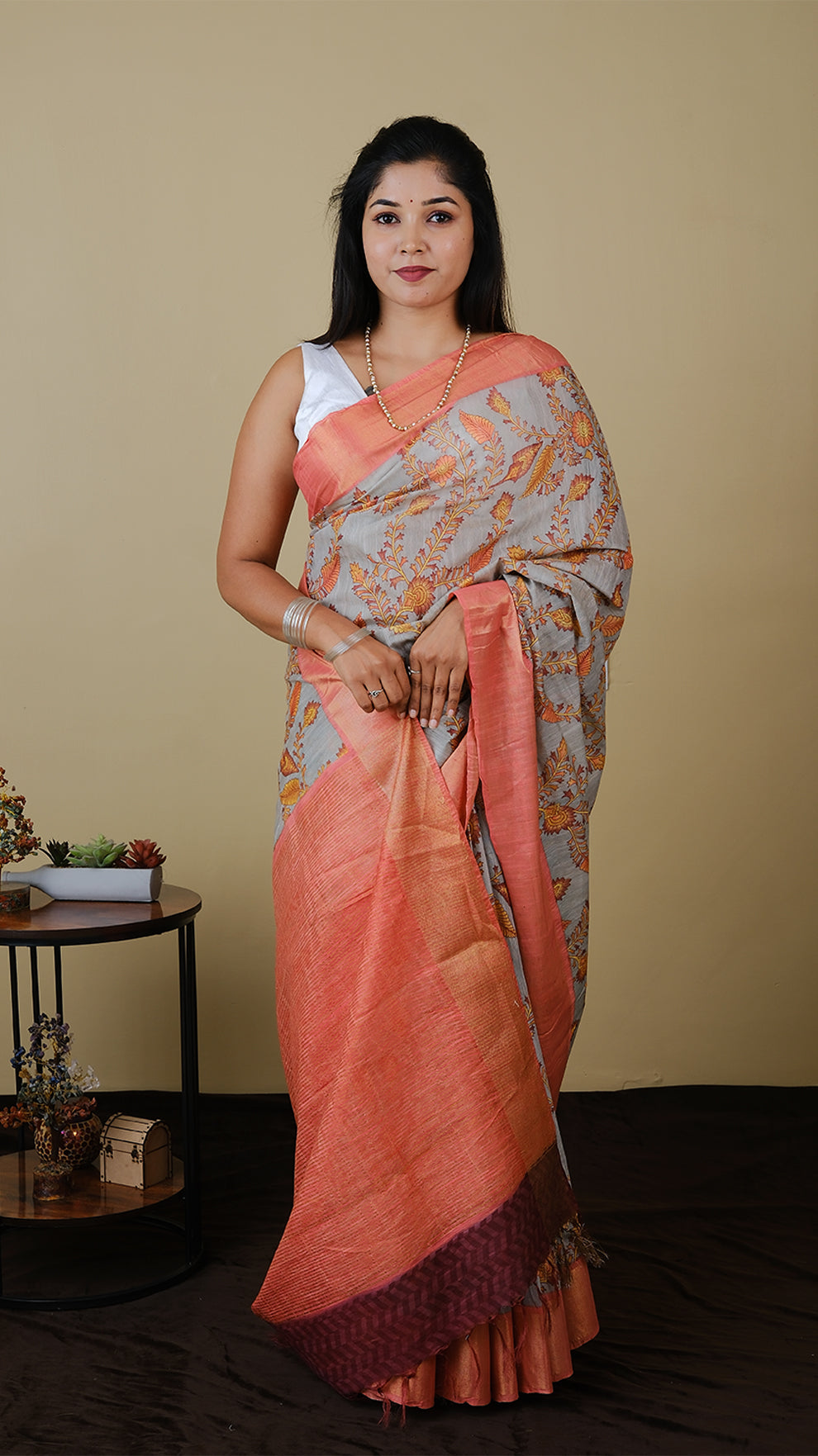Mulmul cotton in light grey with floral motif and peach orange zari border - KRITHIKA (40012018)