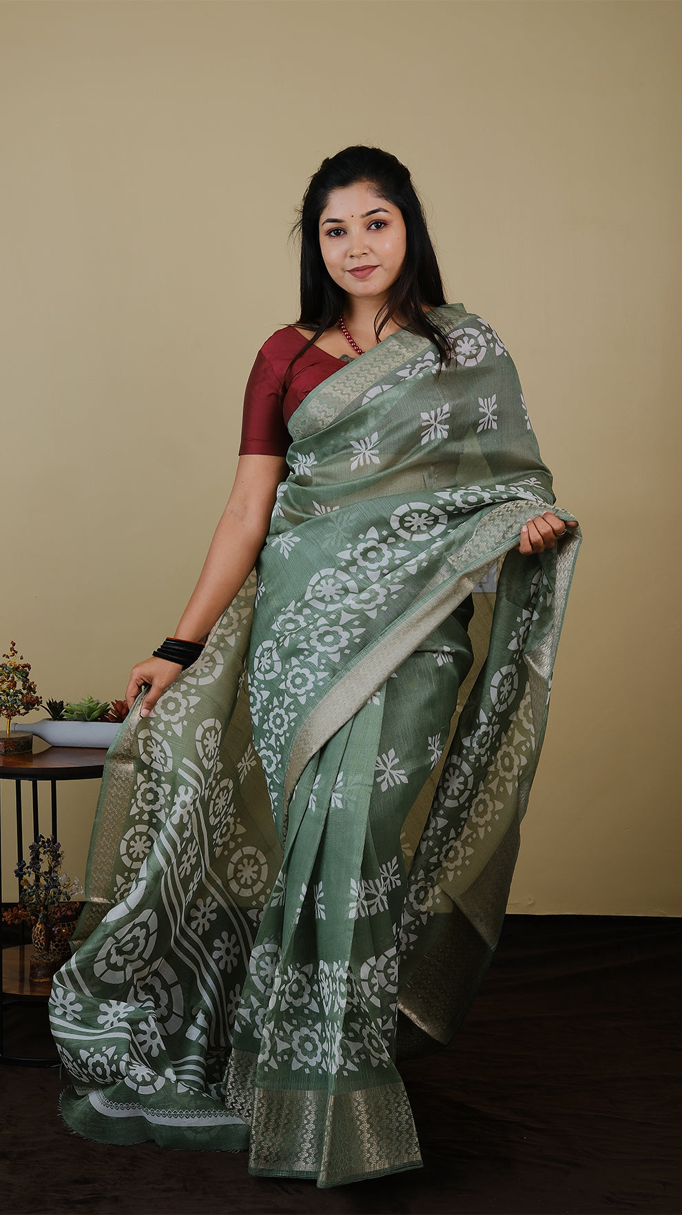 Kilimanjaro Cotton in Mint Green with white batik style print in gold zari border - BOOMIKA (30010044)
