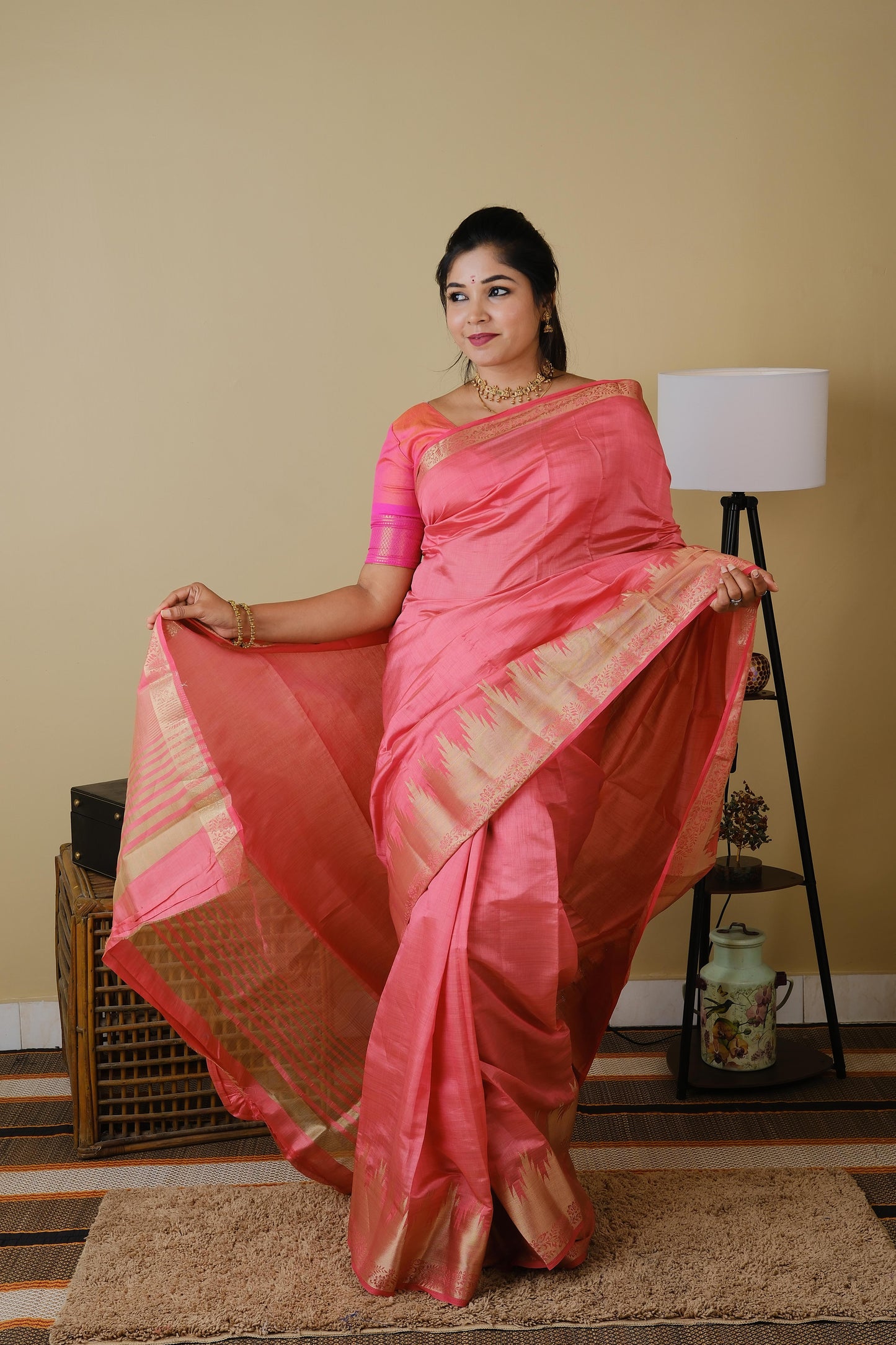Soft silk in hot pink with tanjore zari border and striped pallu - AVANTHIKA