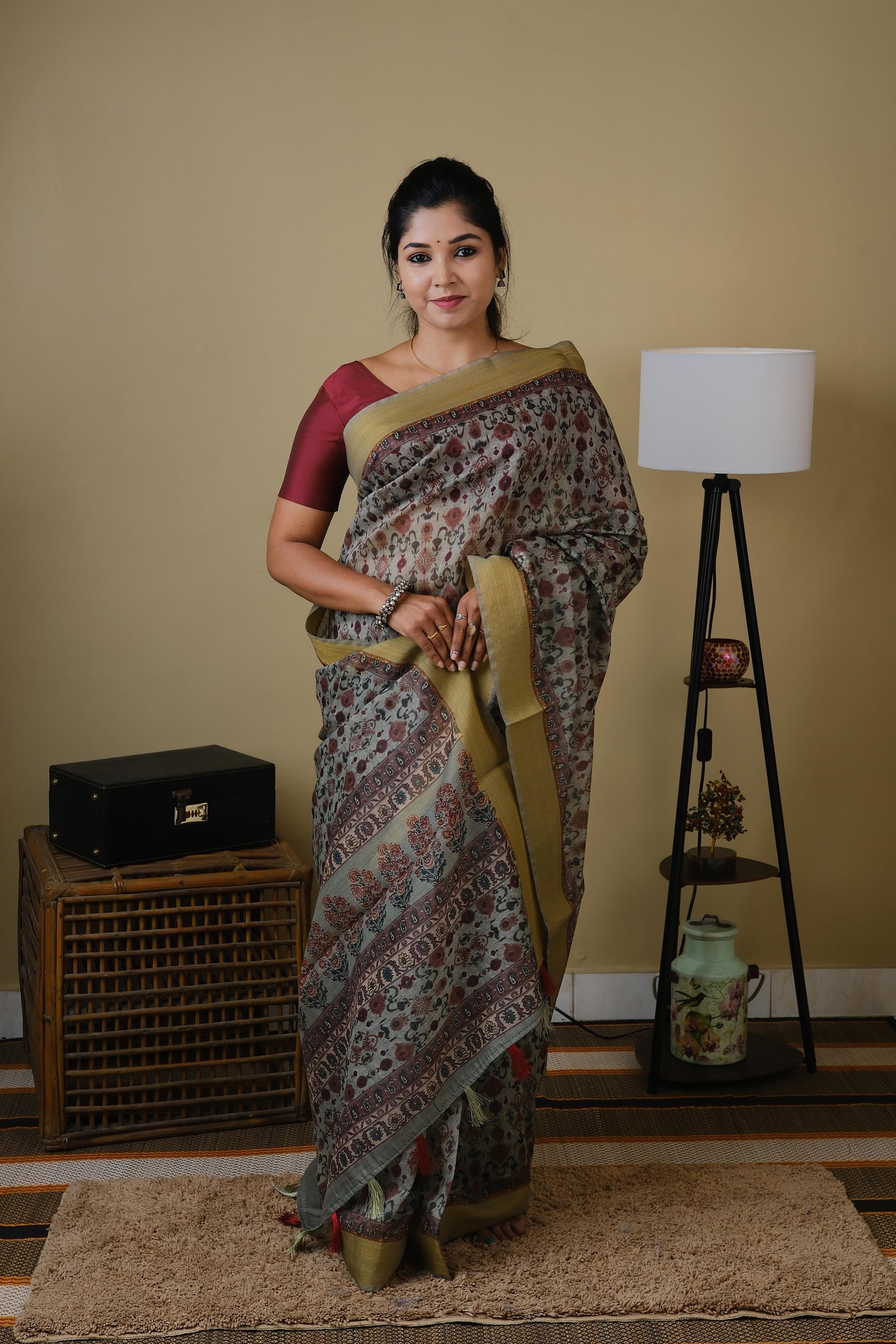 Soft cotton in seige green with all over mughal print and self zari border - BOOMIKA