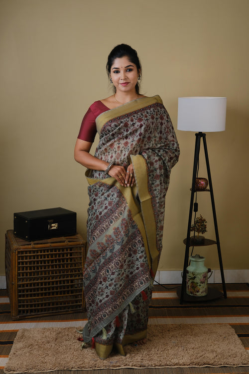 Soft cotton in seige green with all over mughal print and self zari border - BOOMIKA