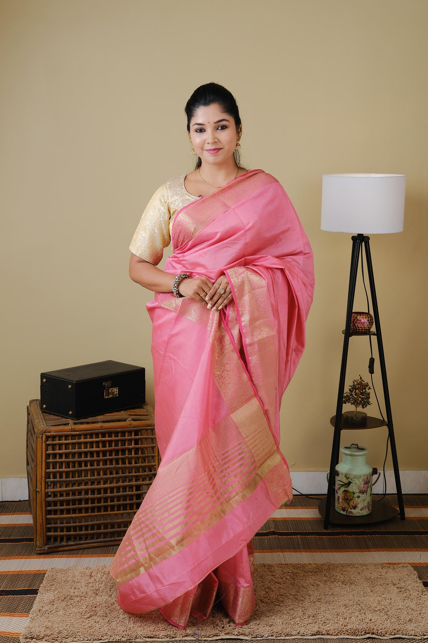 Semi soft silk in light pink with double zari border and striped pallu - AVANTHIKA
