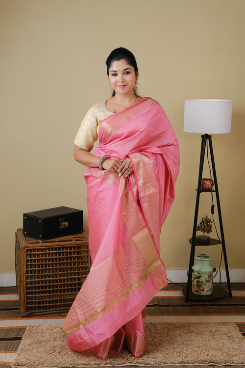 Semi soft silk in light pink with double zari border and striped pallu - AVANTHIKA