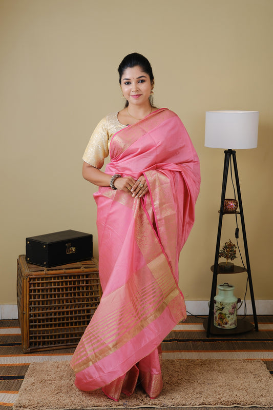 Semi soft silk in light pink with double zari border and striped pallu - AVANTHIKA